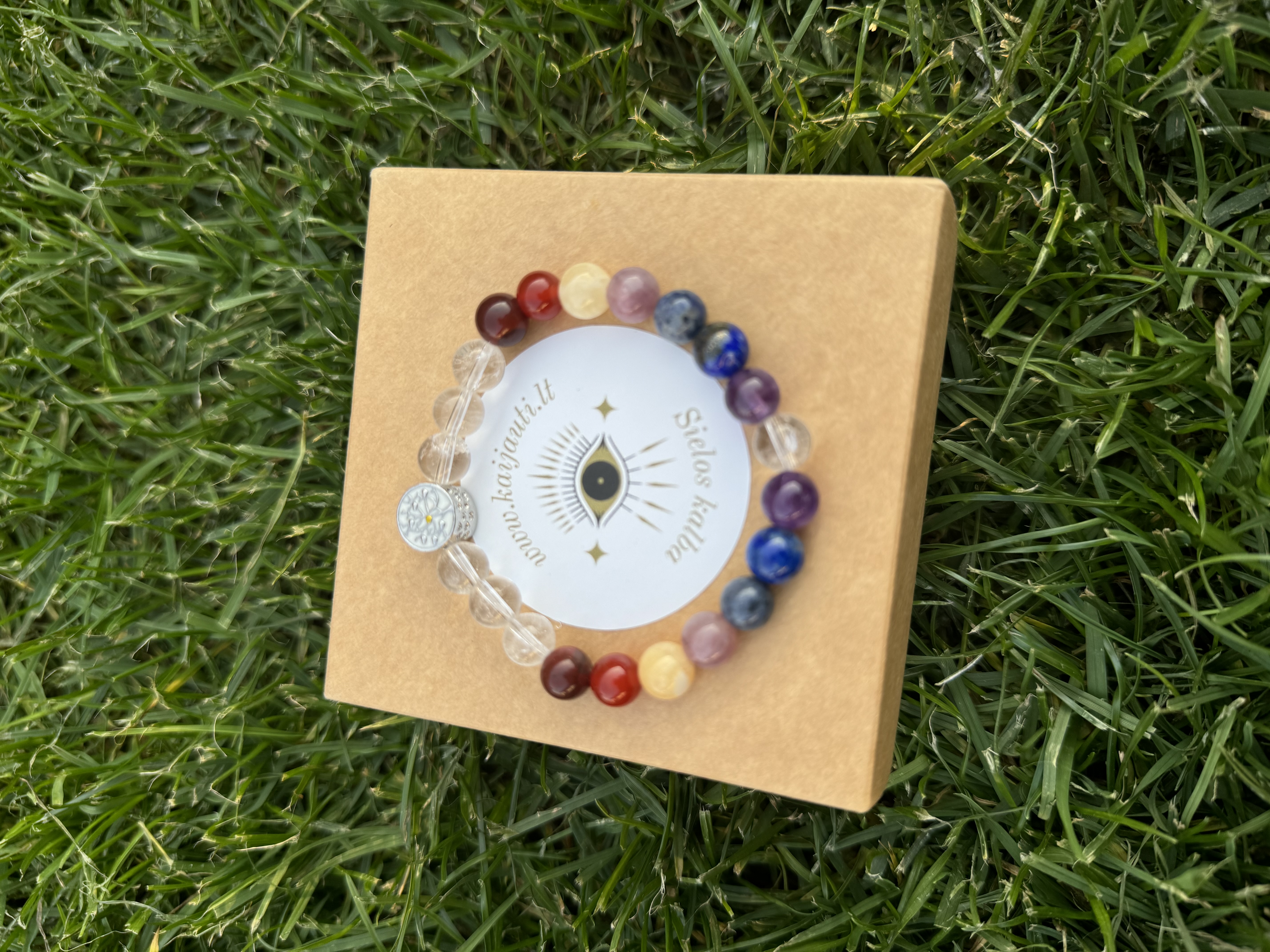 Rankų darbo apyrankė "7 čakros su gyvybės medžiu" + AFIRMACIJA