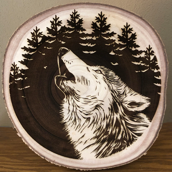 wolf on paulownia wood slice