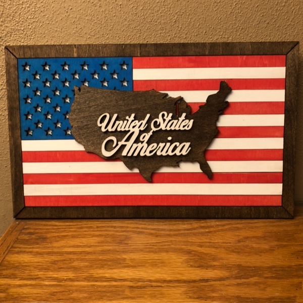 Multi-layer U.S. outline and flag with faux frame.