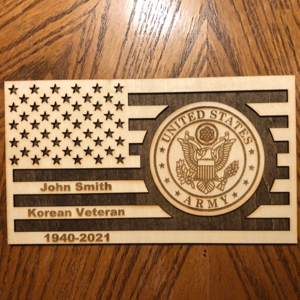 Military woodgrain flags with branch logo and name if requested.