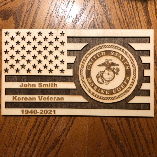 Military woodgrain flags with branch logo and name if requested.