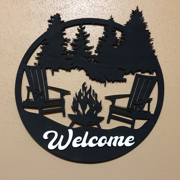 Fire pit with adirondack chair scene/and text if ordered
