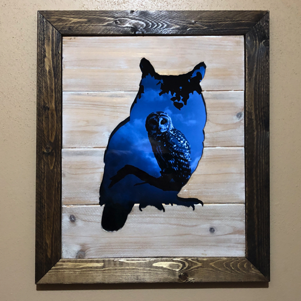 Owl cutout with your choice of day or nightime scene.
