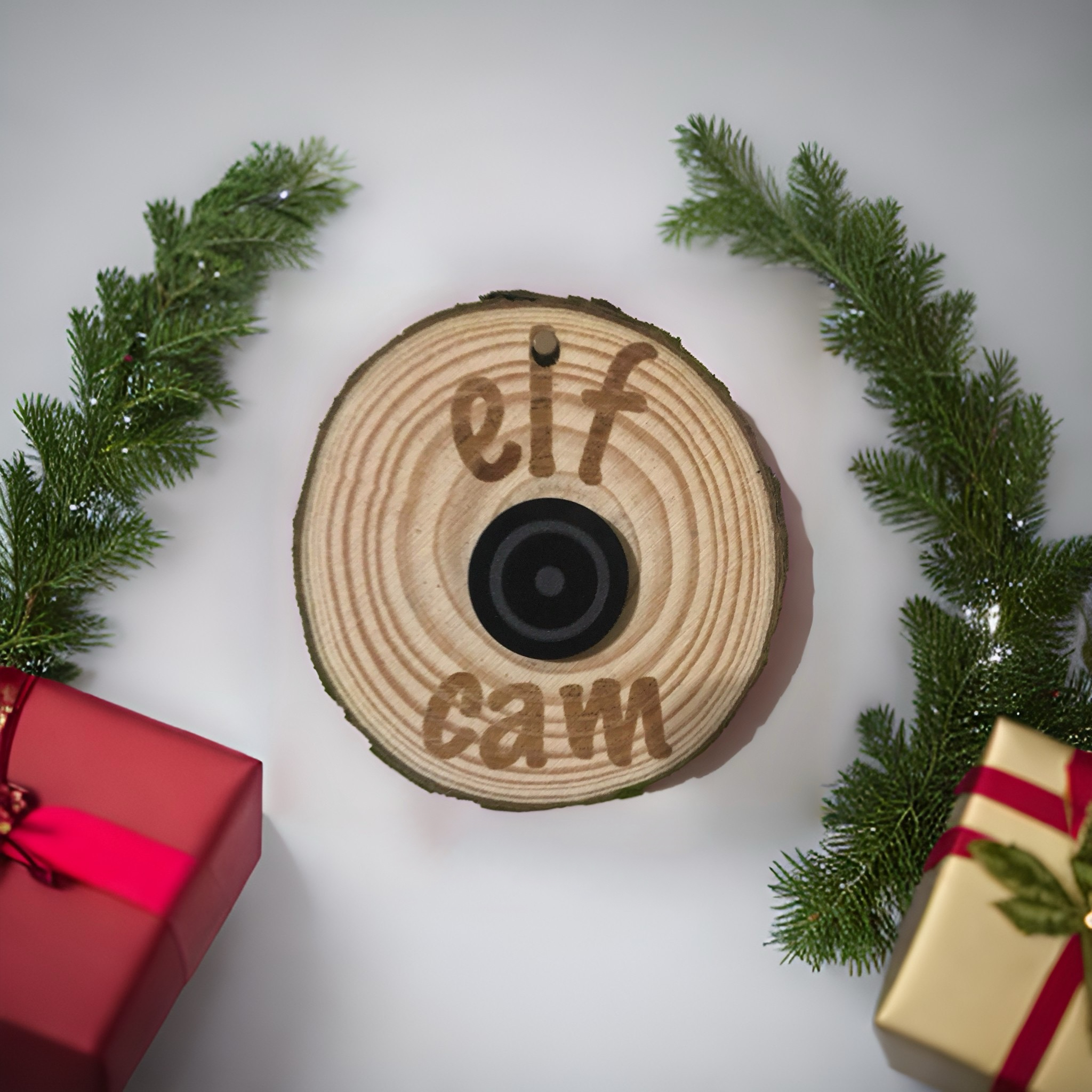 elf cam on wood slice ornament