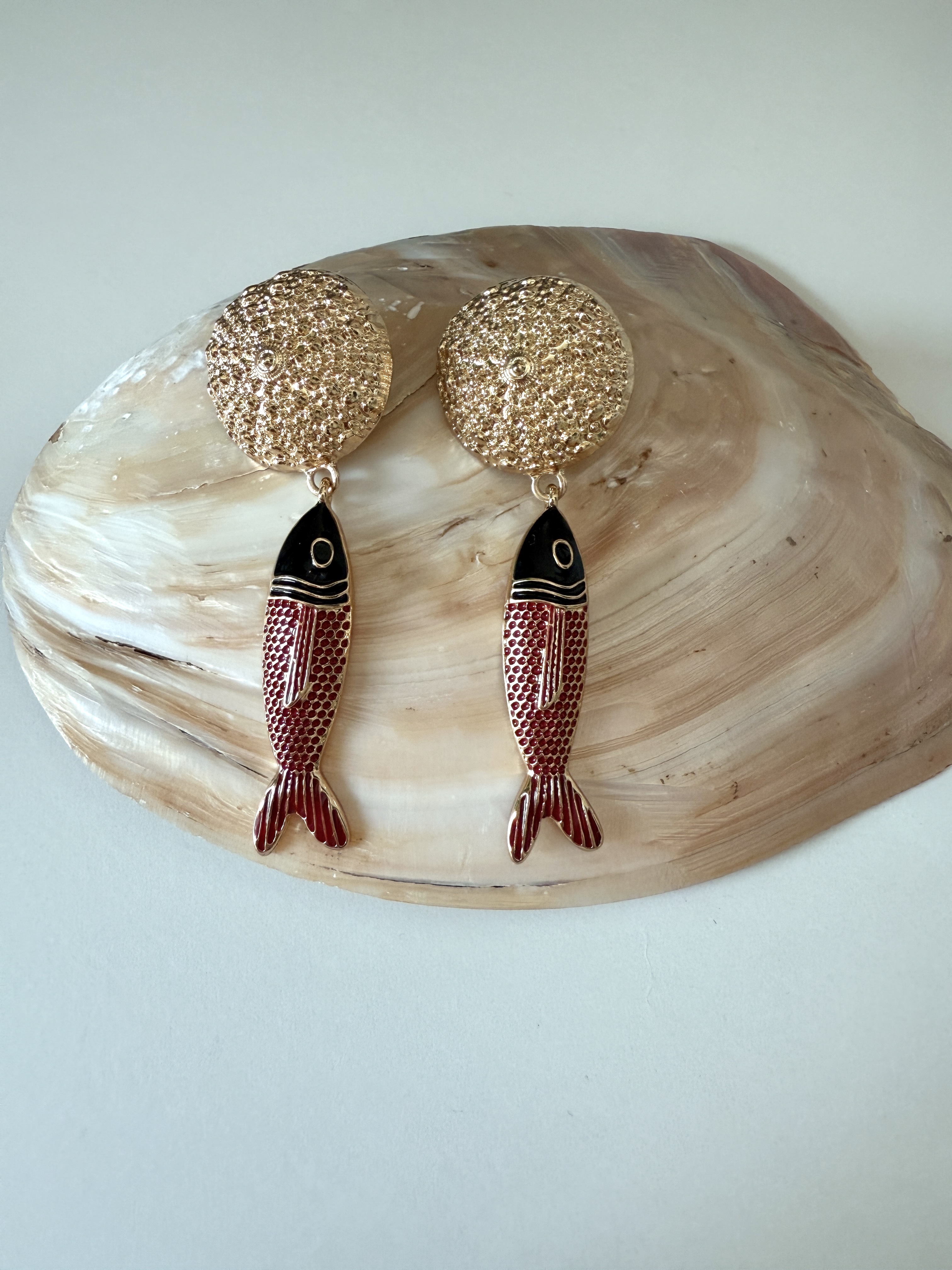 Gold and Red Fish Dangle Earrings