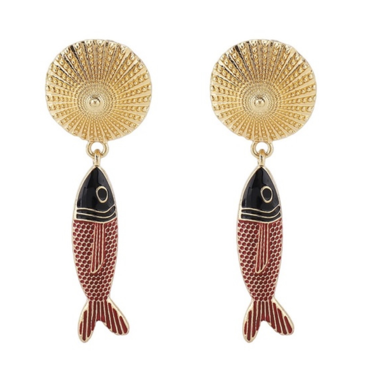 Gold and Red Fish Dangle Earrings
