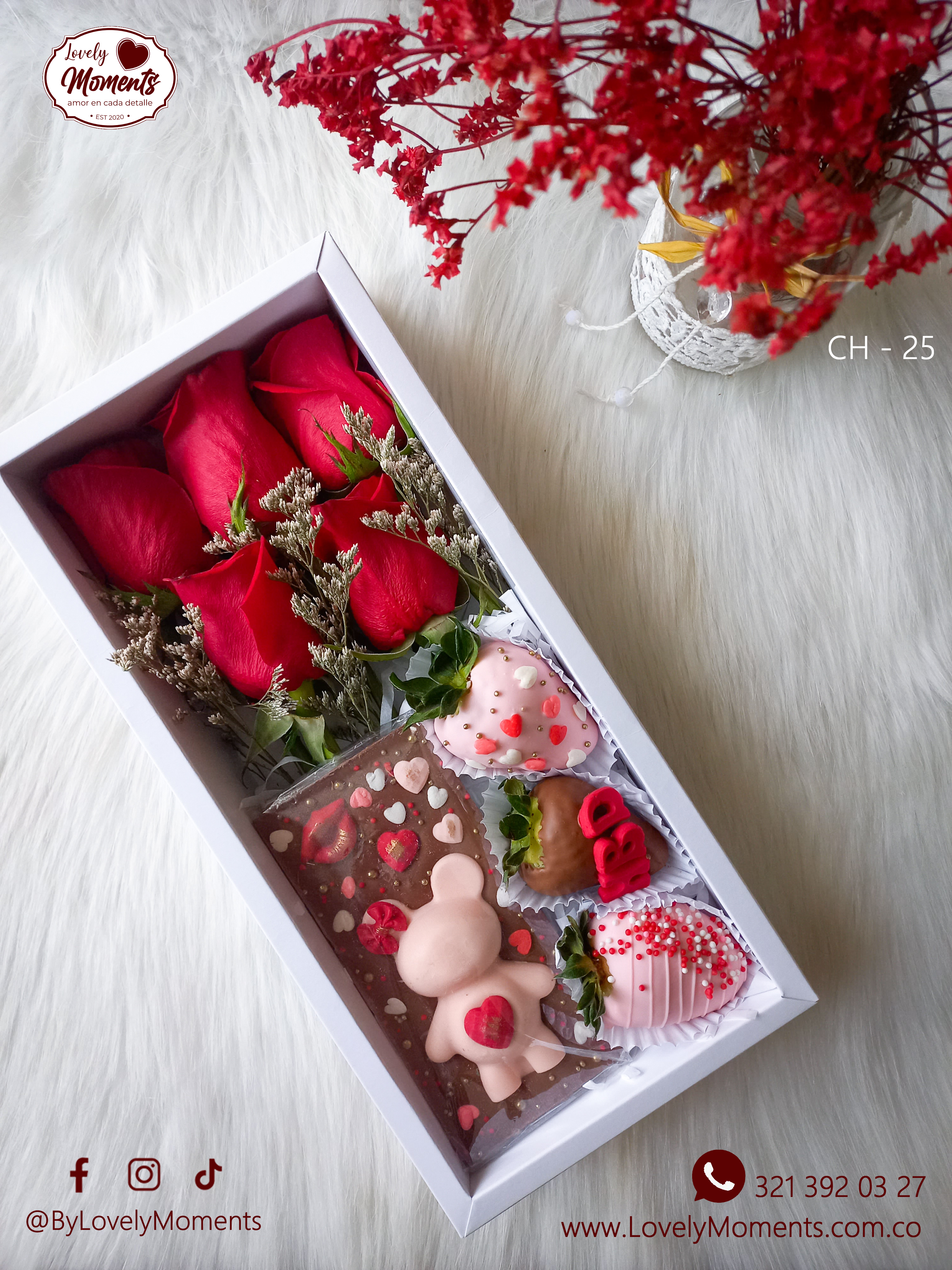 Caja London con Rosas y Tableta de Chocolate artesanal | Caja de Flores