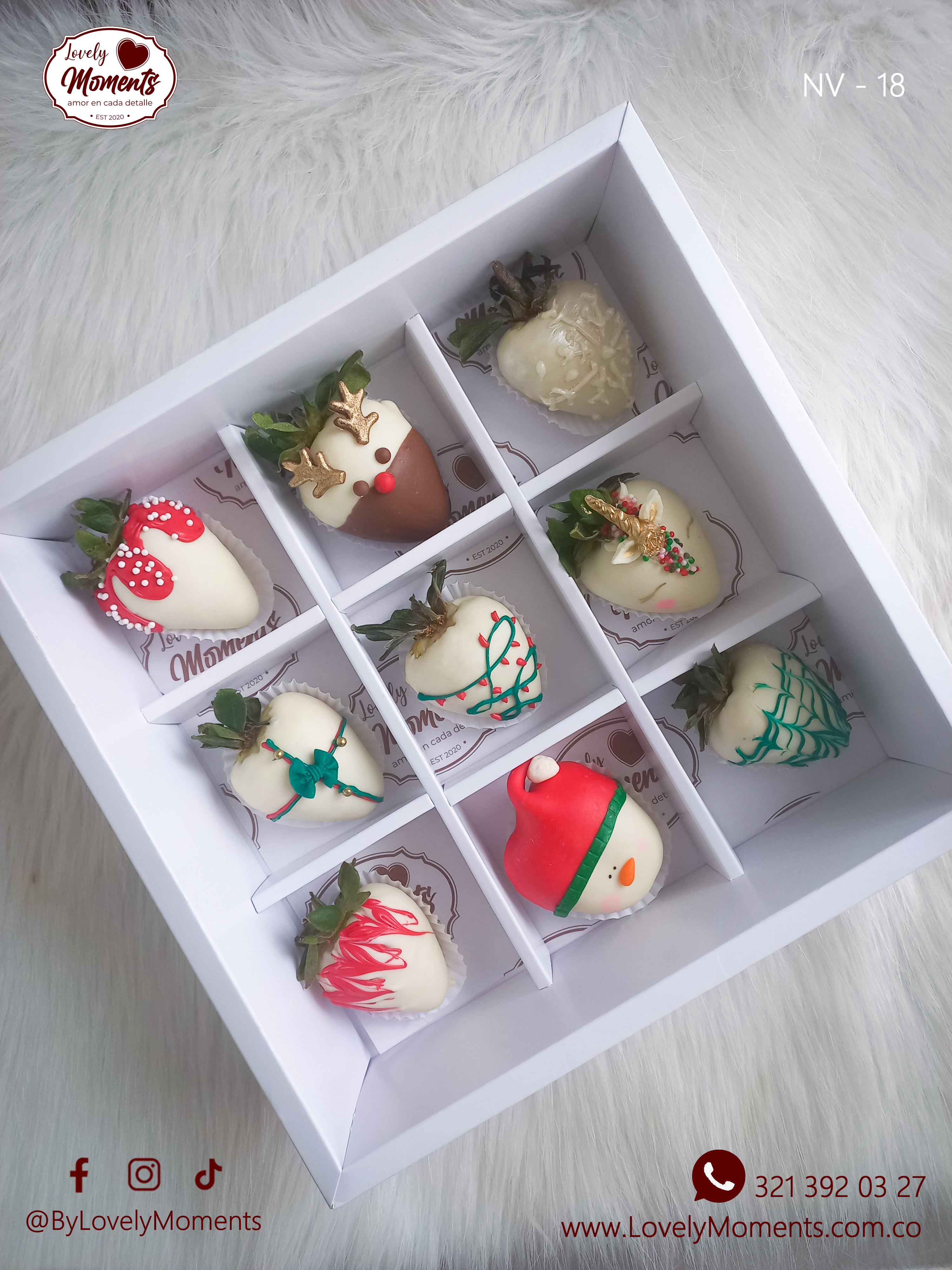 Caja Invierno de 9 fresas recubiertas de chocolate con motivo navideño