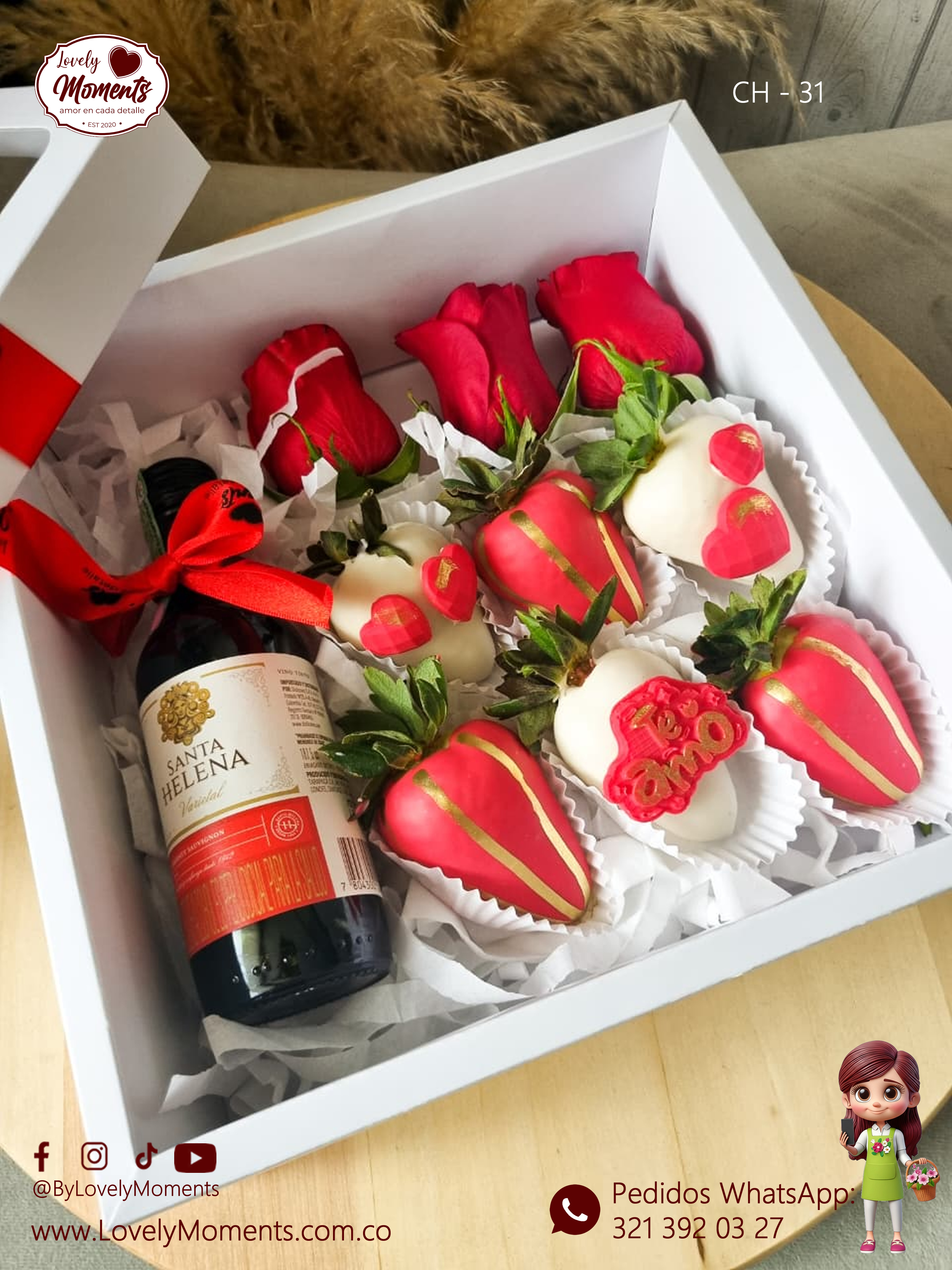 Caja Serenata con Vino, Rosas y Fresas recubiertas con chocolate - Floristería Lovely Moments Pereira