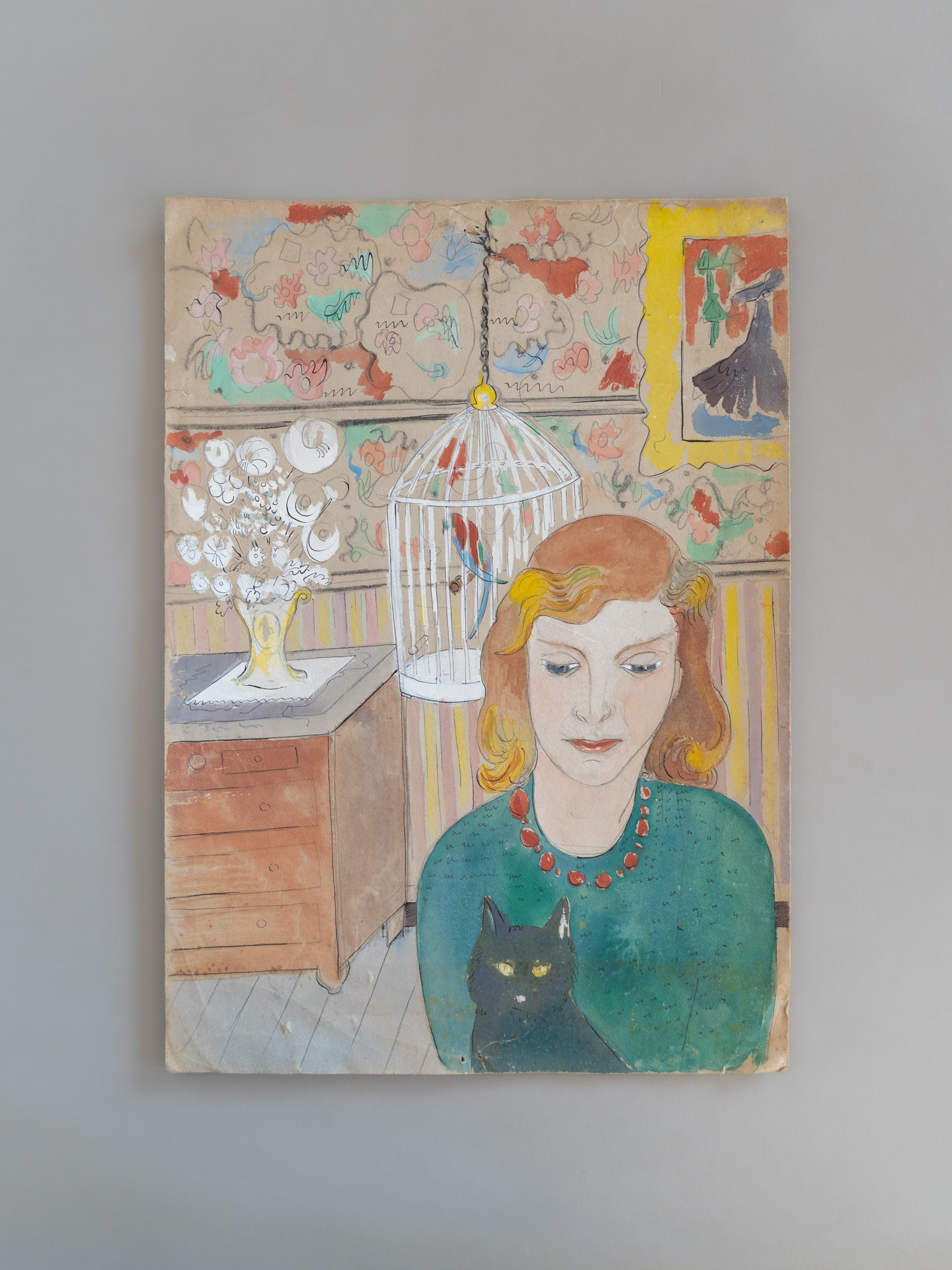 Jacqueline Nyns, Portrait of a girl with black cat, watercolour and chinese ink, late 1940's