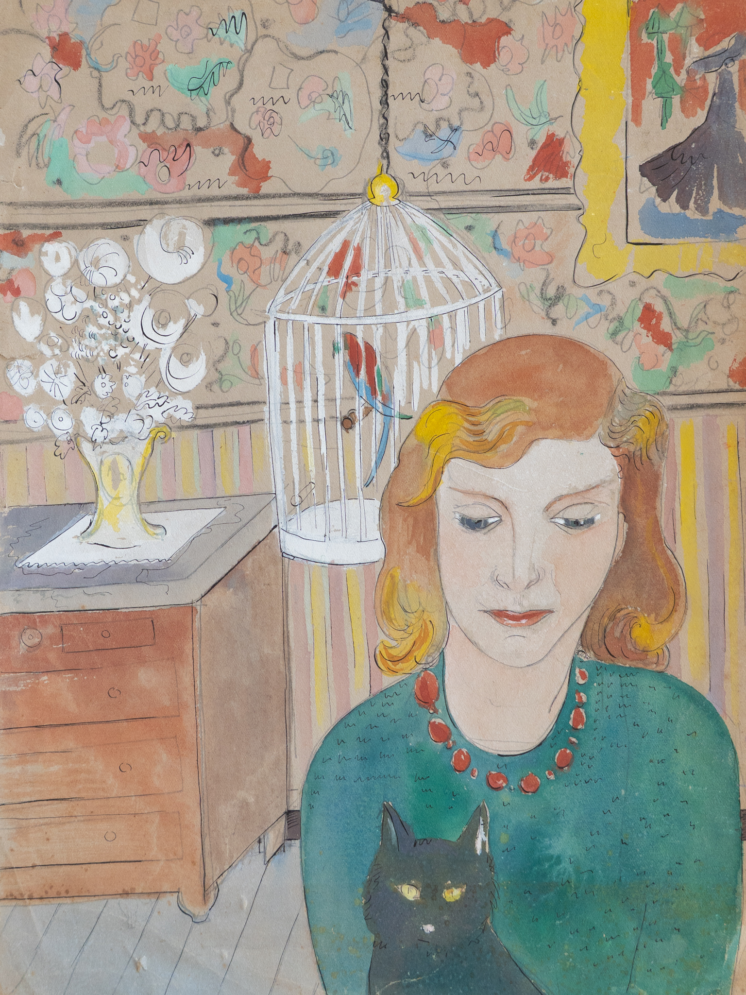 Jacqueline Nyns, Portrait of a girl with black cat, watercolour and chinese ink, late 1940's