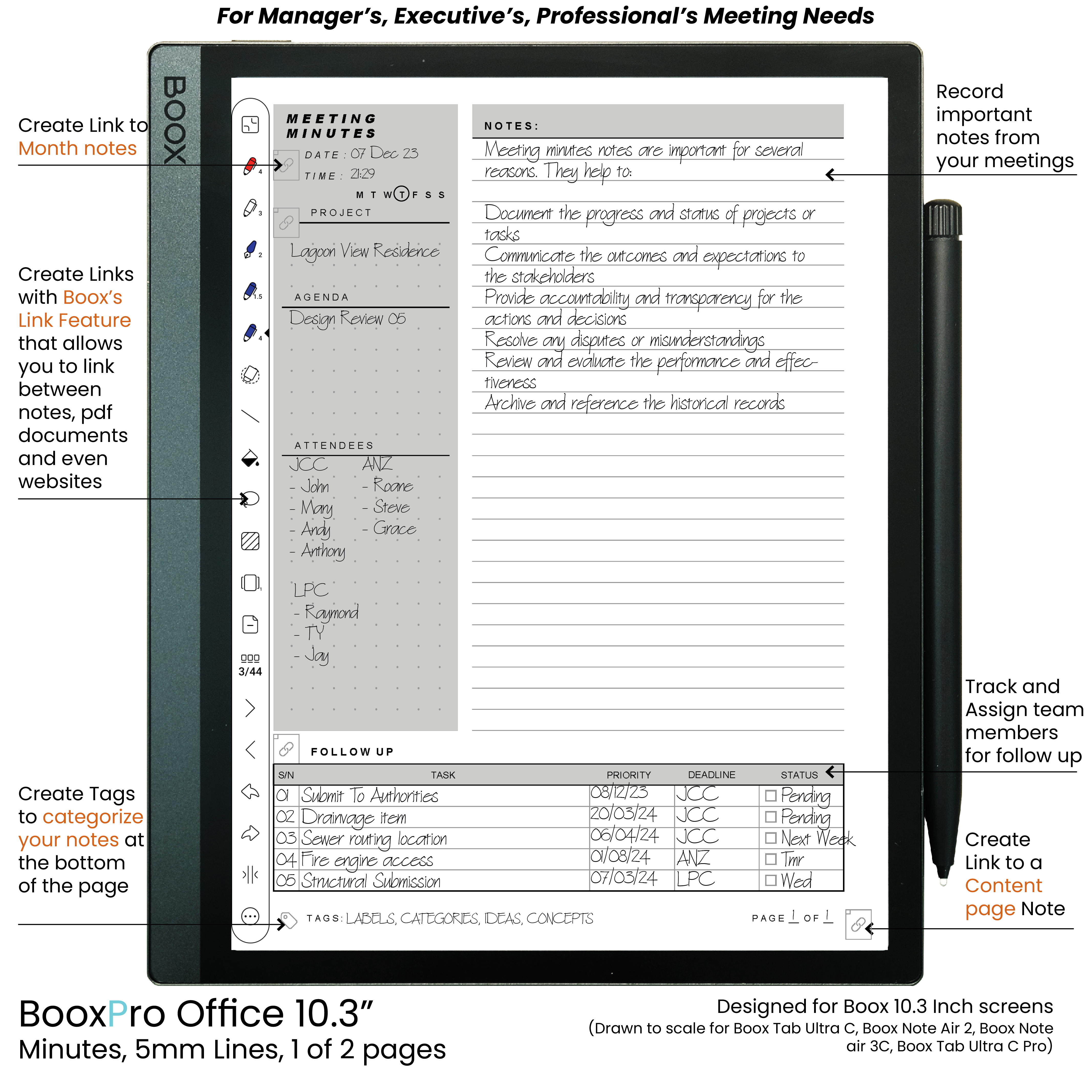 BooxPro Office 10.3" Minutes 5mm Ruled Lines