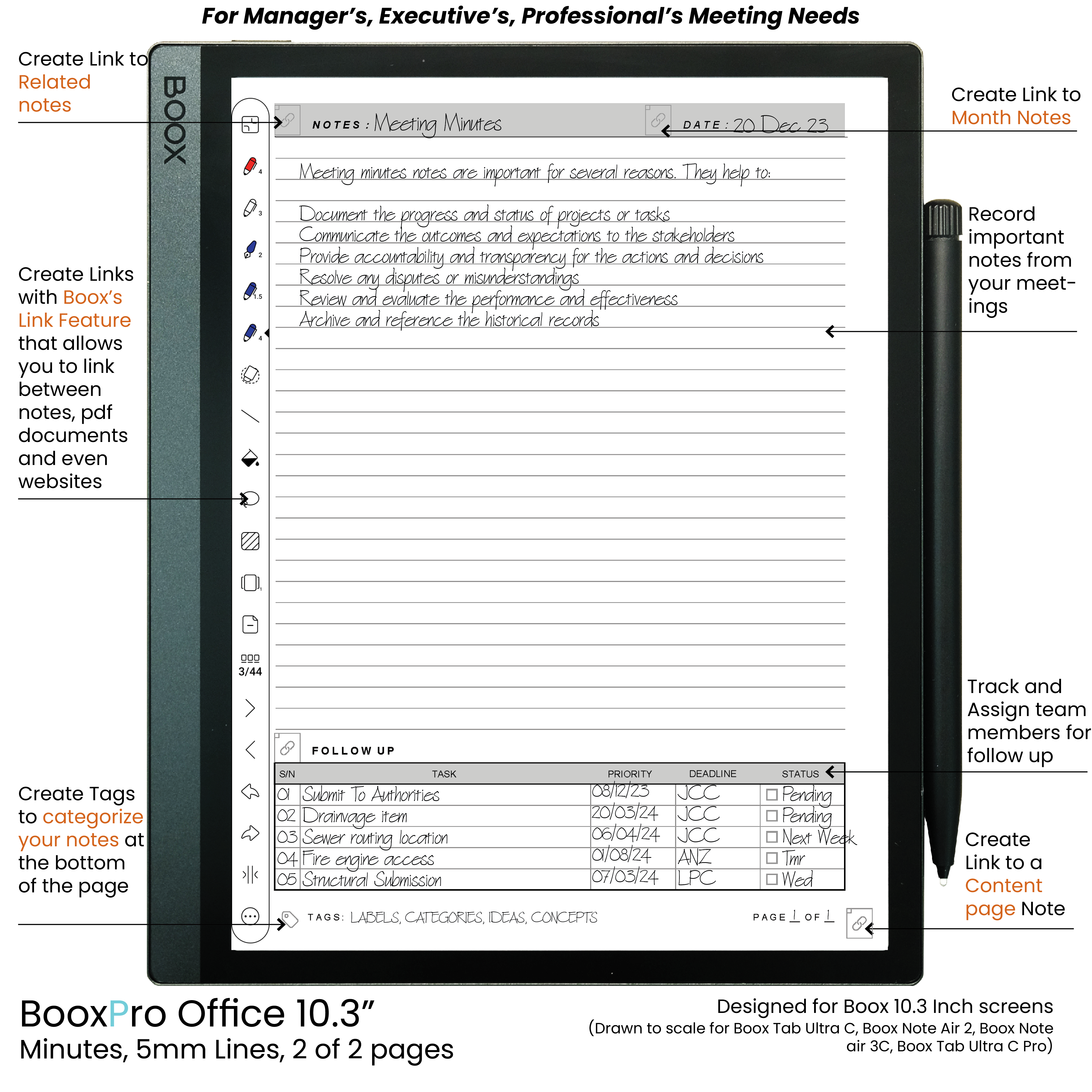BooxPro Office 10.3" Minutes 5mm Ruled Lines