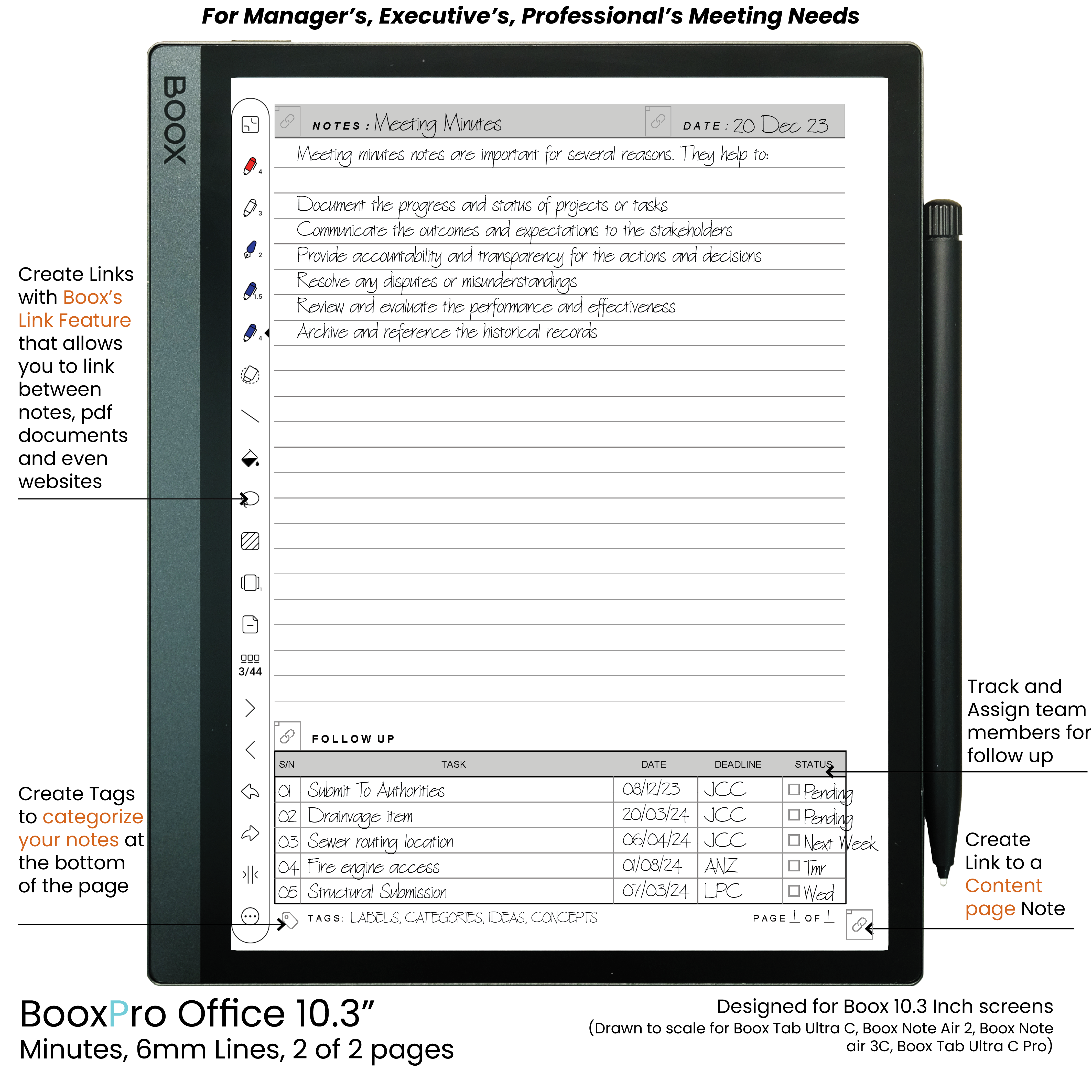 BooxPro Office 10.3" Minutes 6mm Ruled Lines