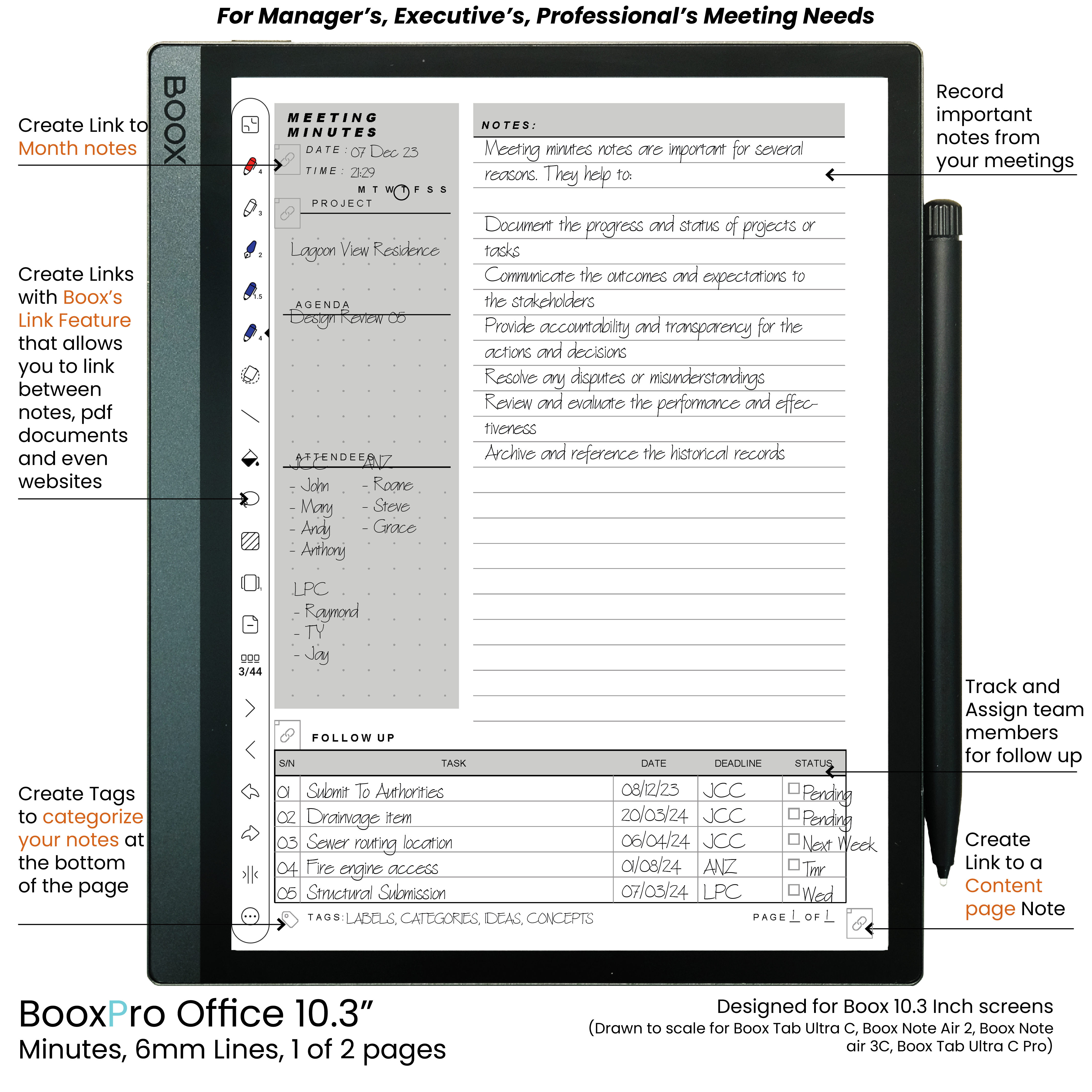BooxPro Office 10.3" Minutes 6mm Ruled Lines