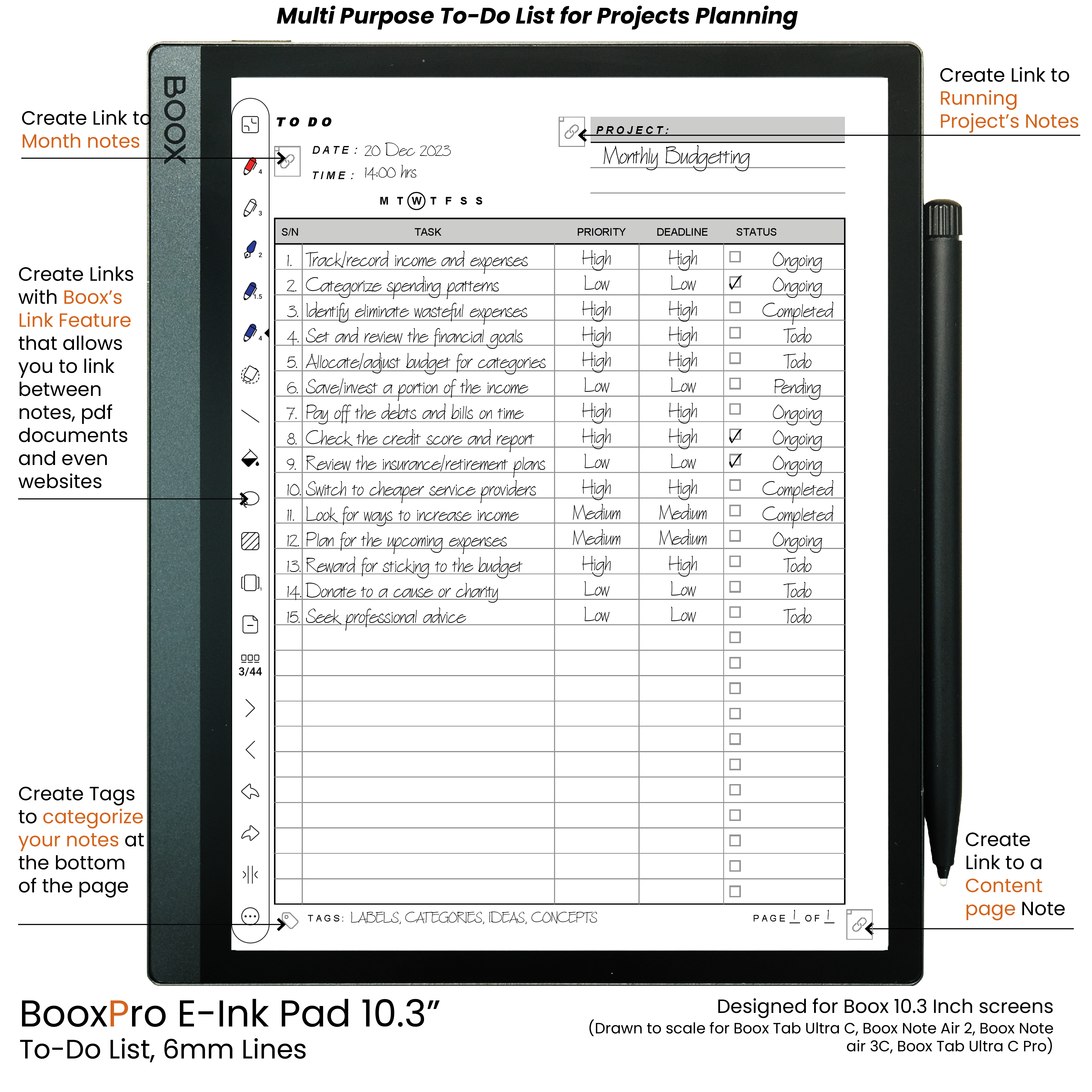 BooxPro E-Ink Pad 10.3" To Do List (6mm Ruled Lines)