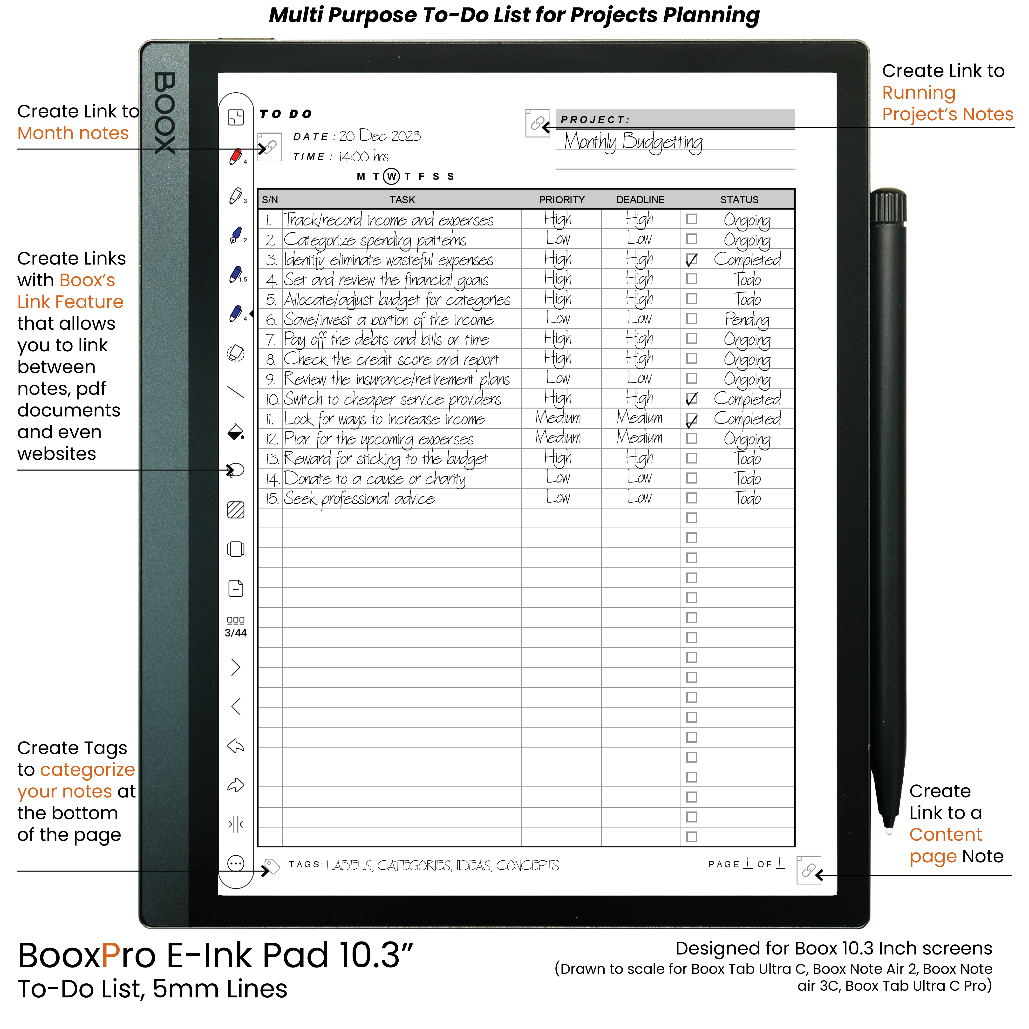 BooxPro E-Ink Pad 10.3" Todo List (5mm Ruled Lines)