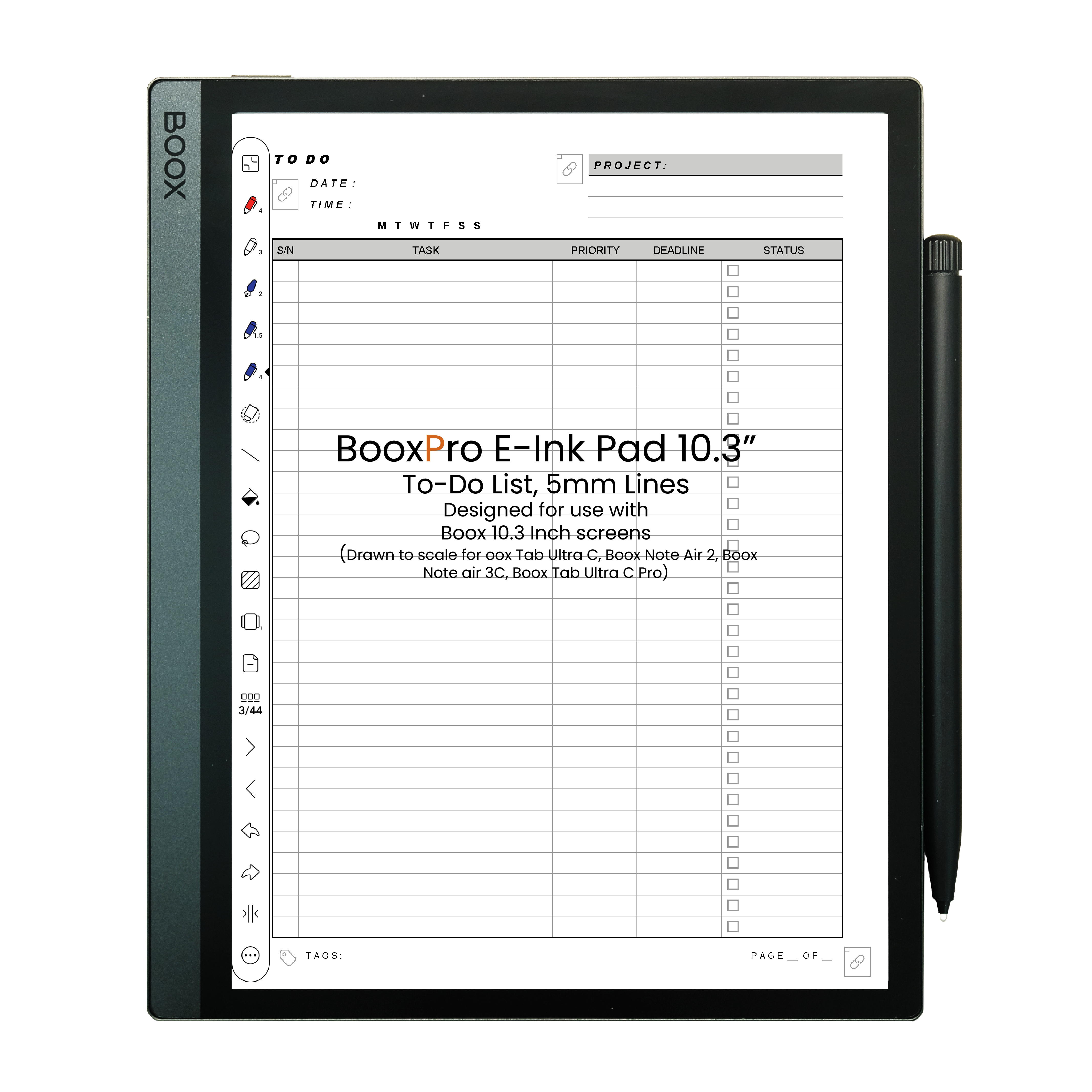 BooxPro E-Ink Pad 10.3" Todo List (5mm Ruled Lines)