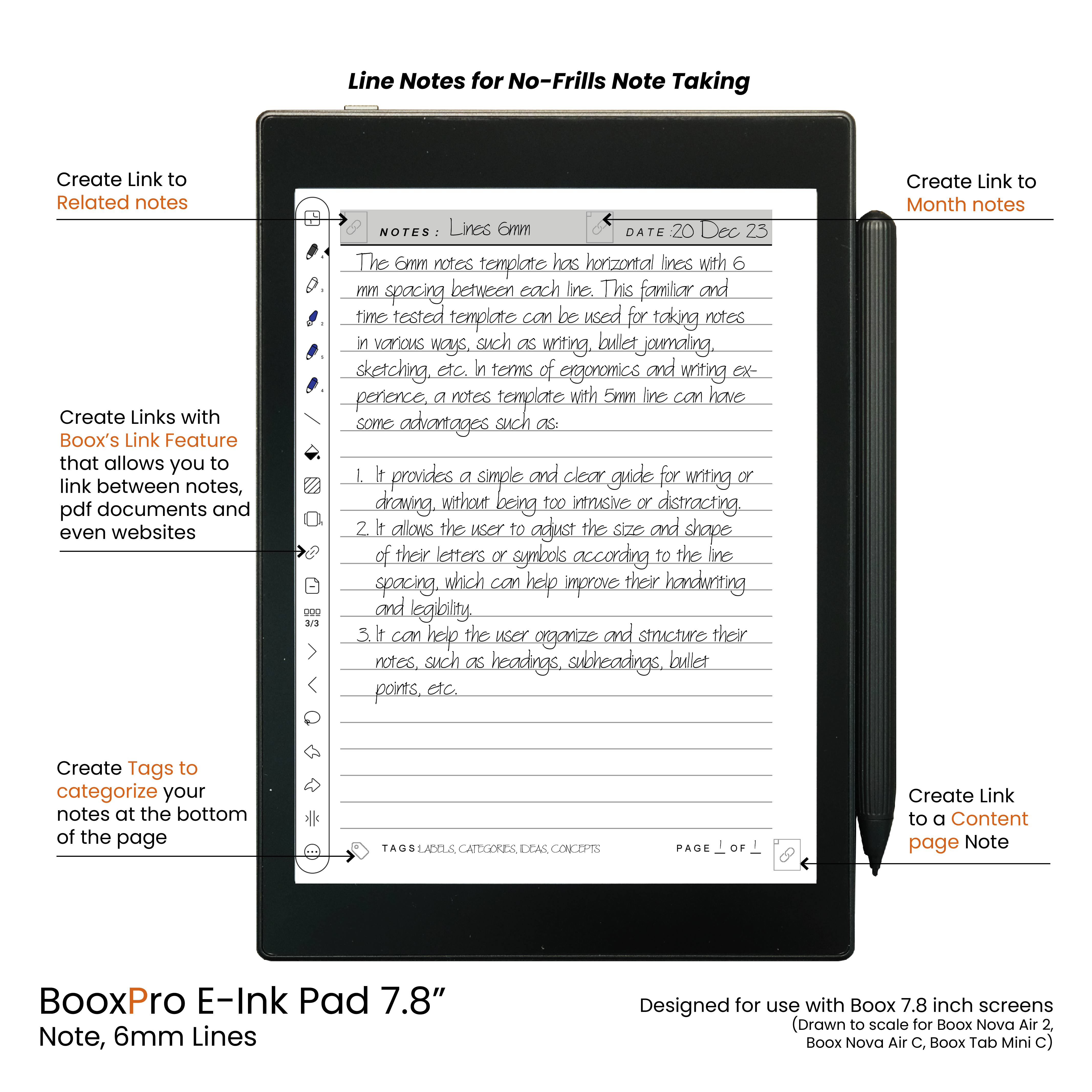 BooxPro E-ink Pad 7.8" Note 6mm Ruled Line Standard