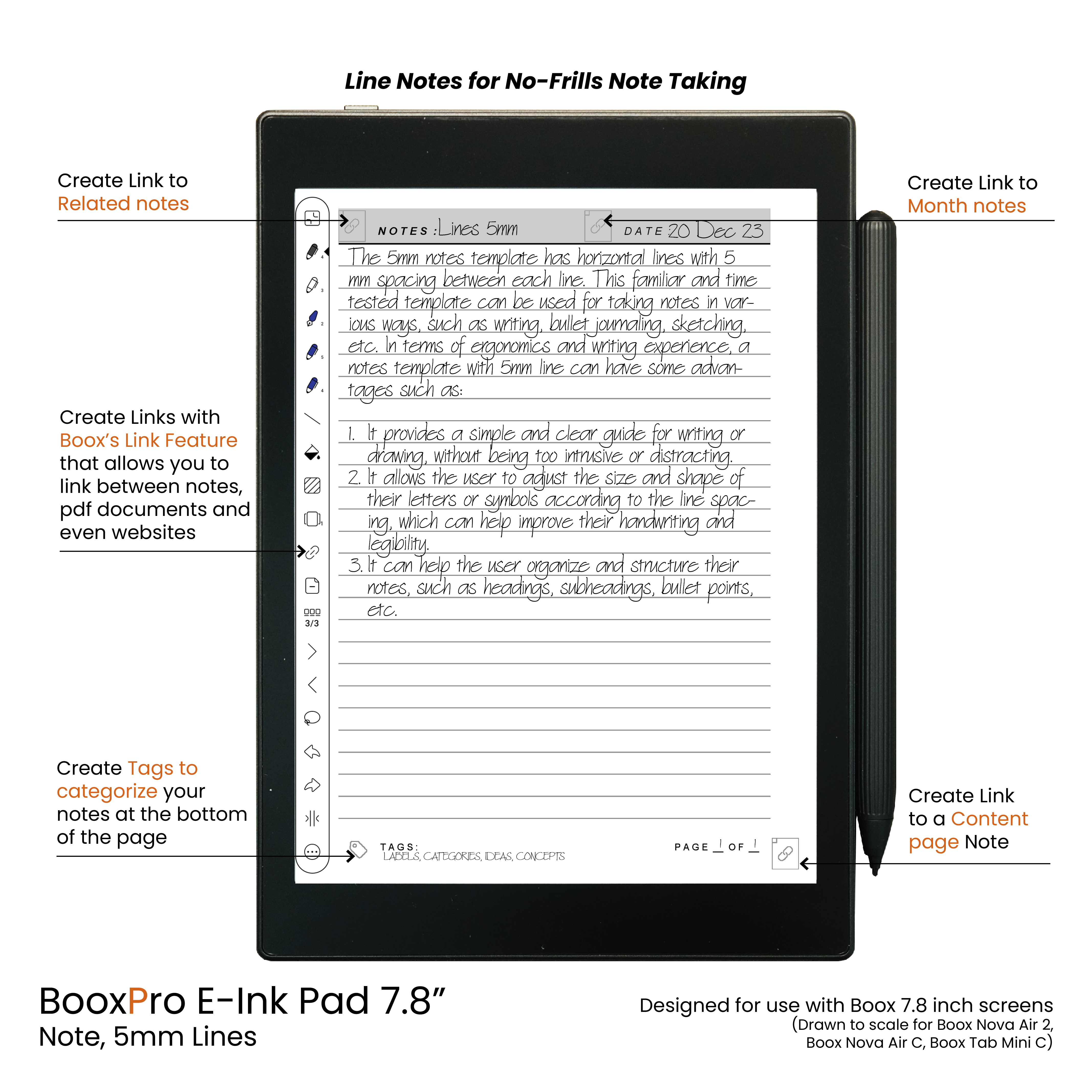 BooxPro E-Ink Pad 7.8" Note 5mm Ruled Line Standard