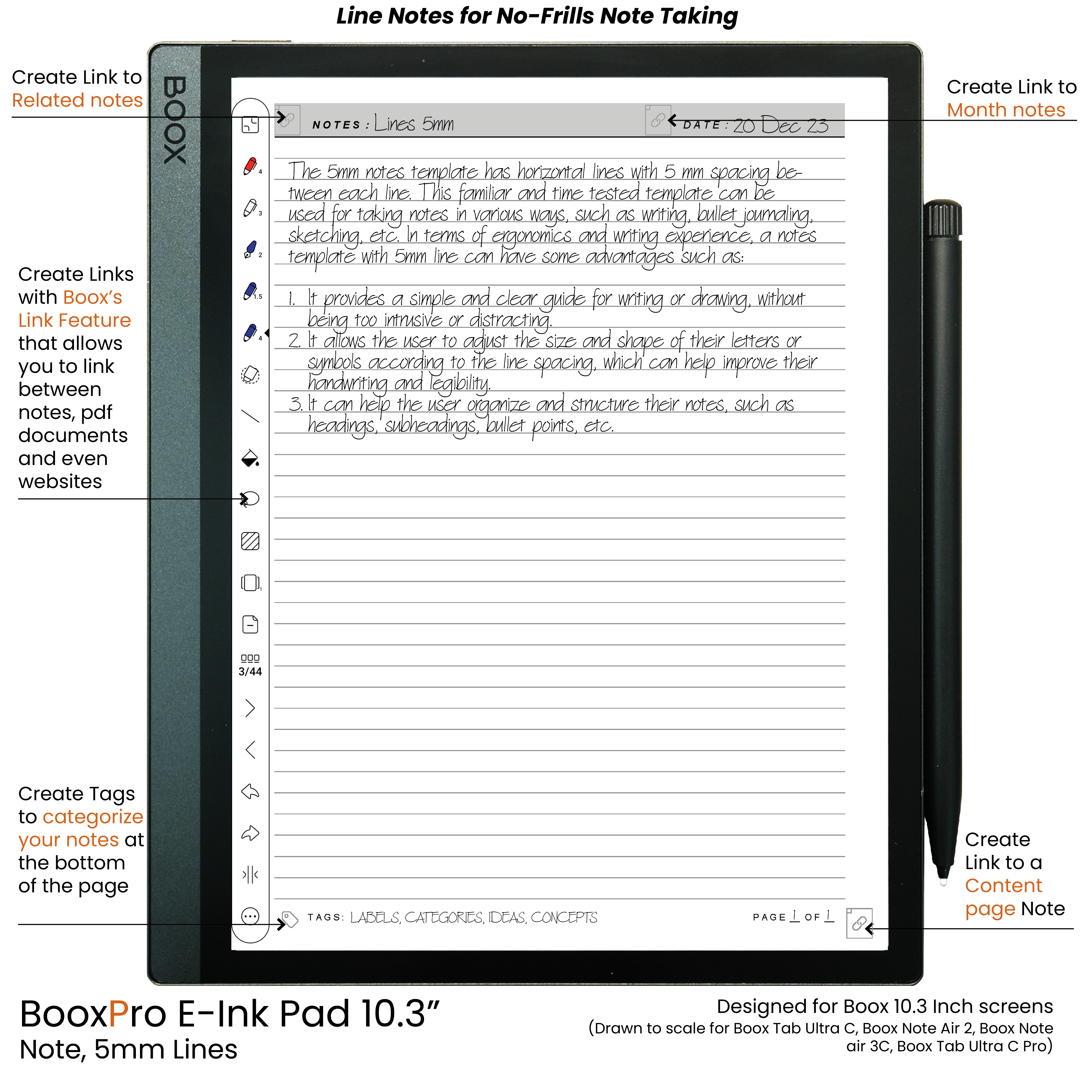 BooxPro E-Ink Pad 10.3" Note 5mm Ruled Line Standard
