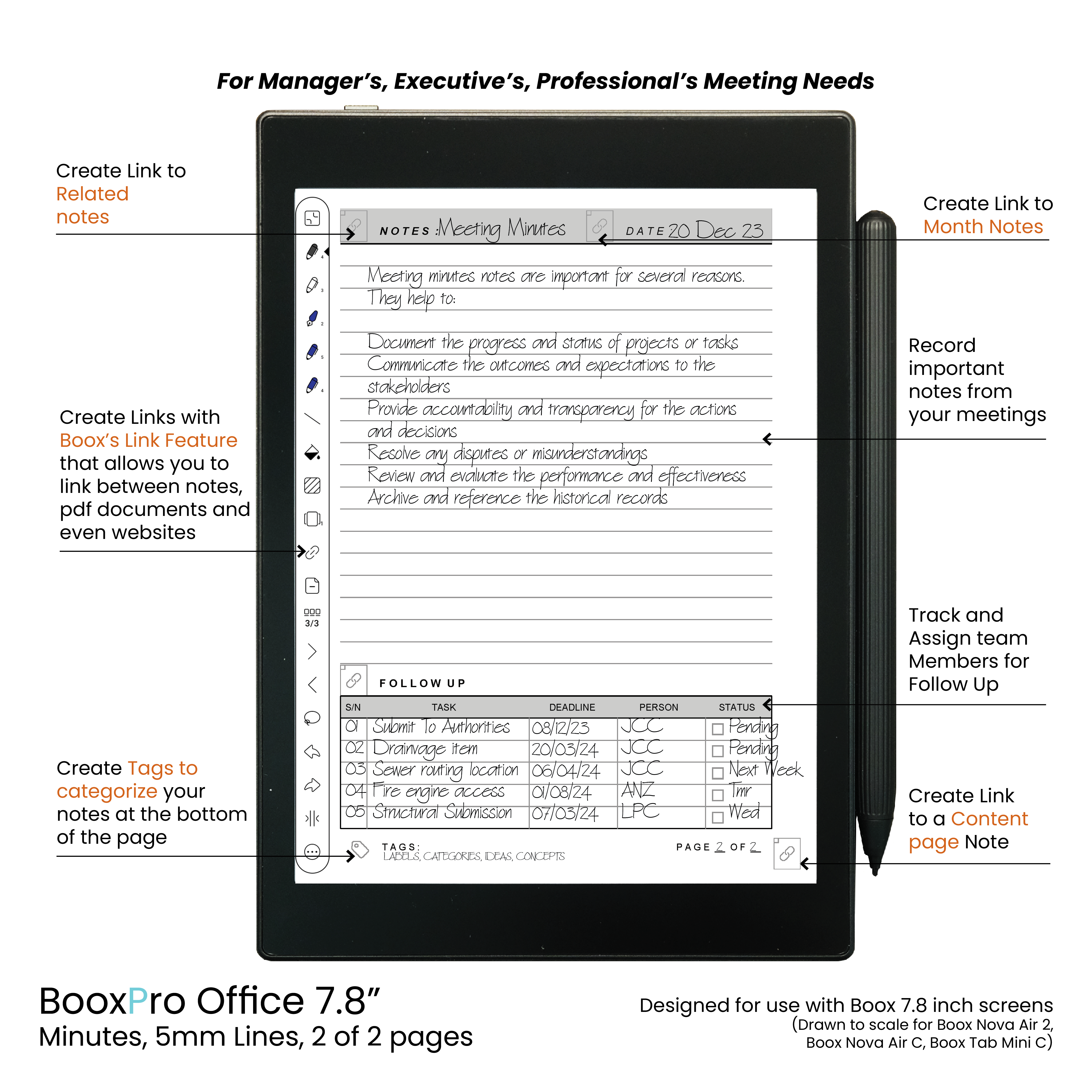 BooxPro Office 7.8" Minutes 5mm Ruled Lines