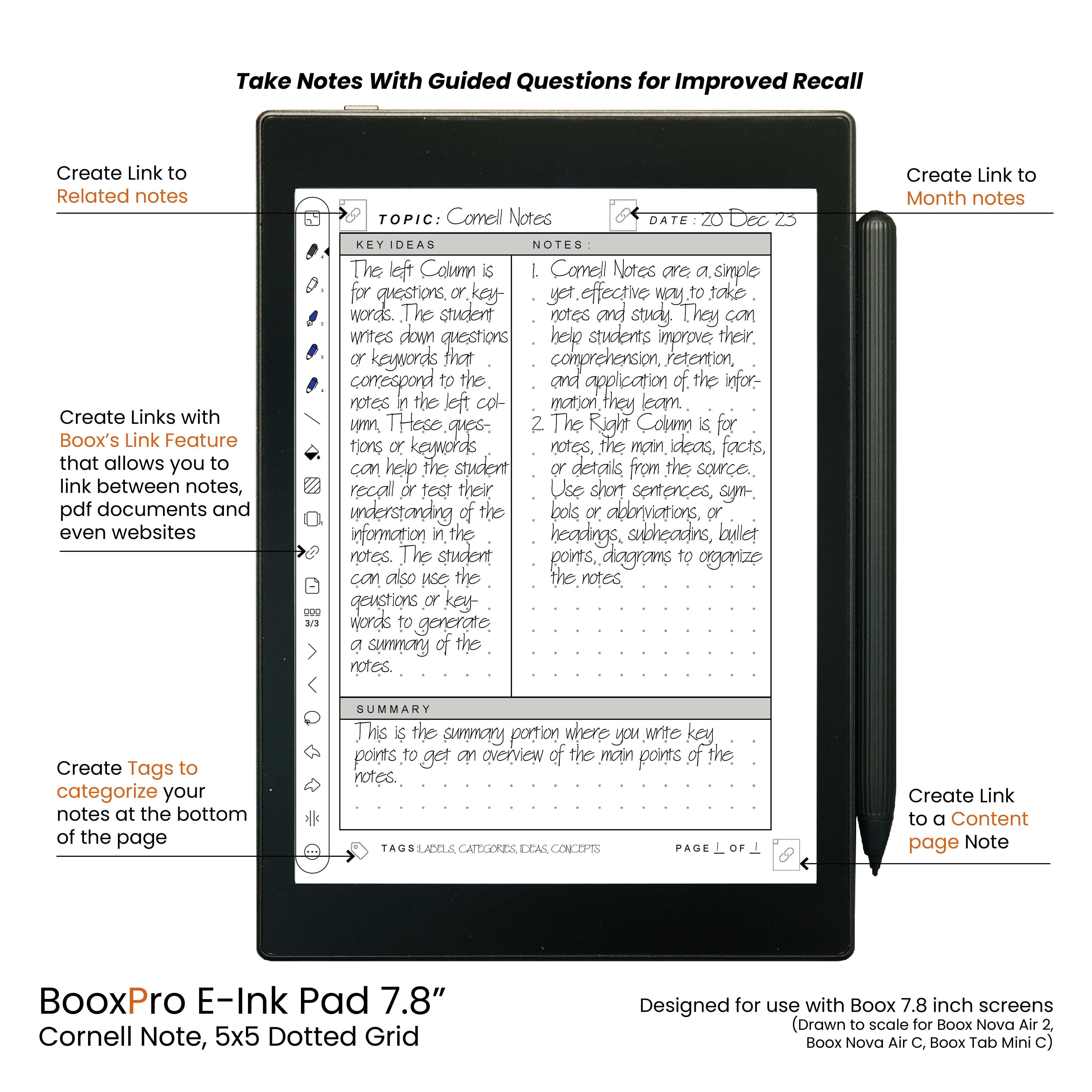 BooxPro E-Ink Pad 7.8" Cornell Notes