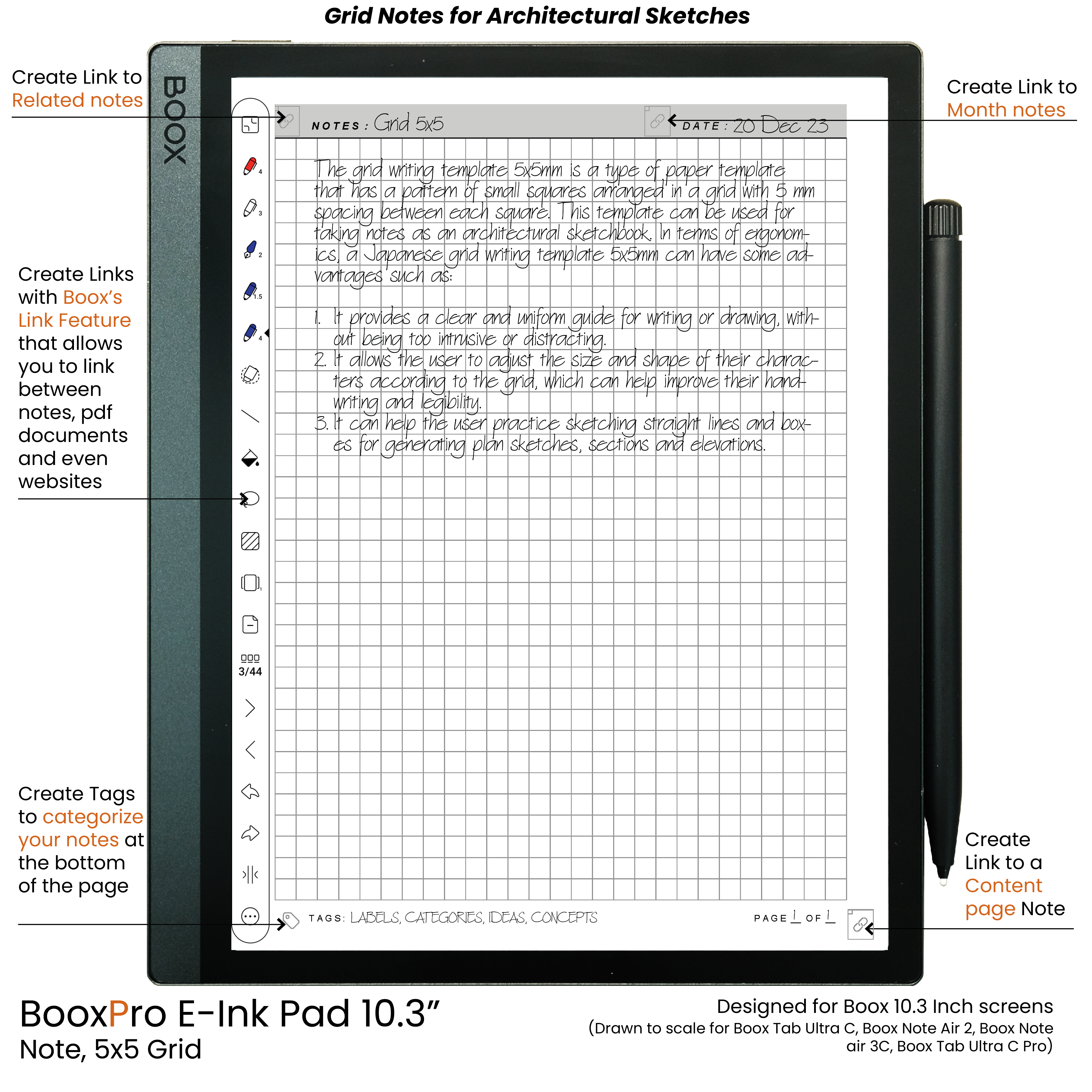 BooxPro E-Ink Pad 10.3" Note 5x5 Grid Standard