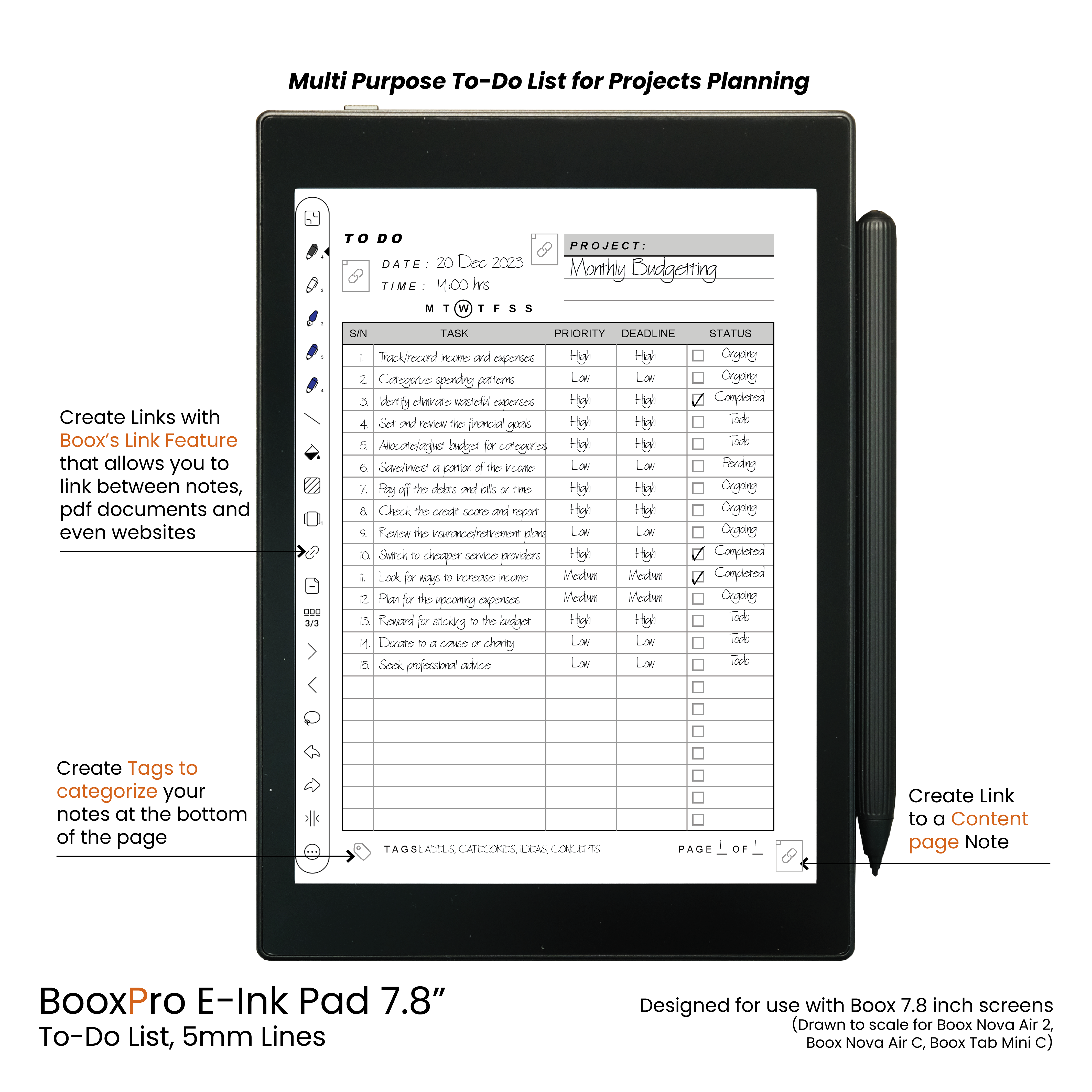 BooxPro E-Ink Pad 7.8" Todo List (5mm Ruled Lines)