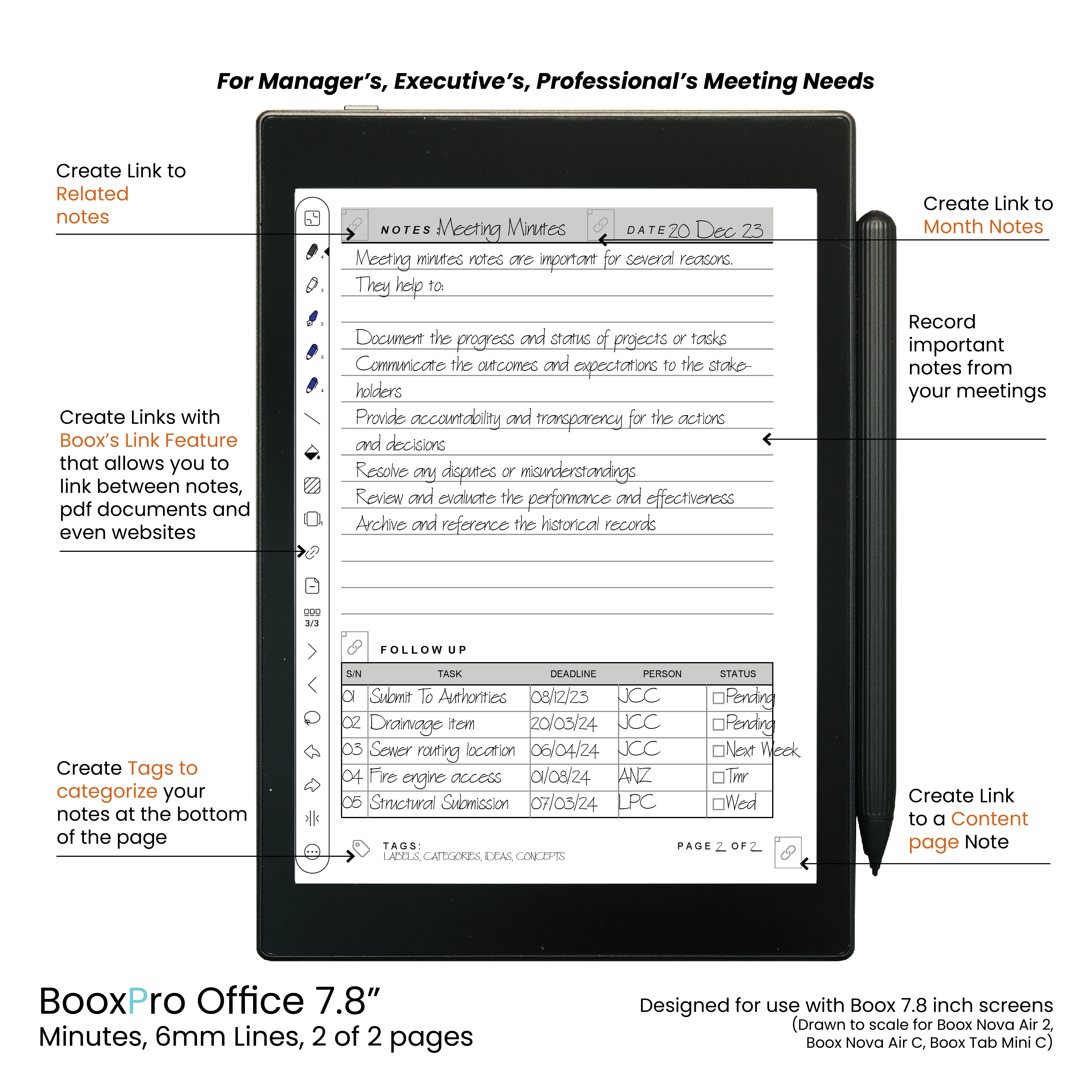 BooxPro Office 7.8" Minutes 6mm Ruled Lines