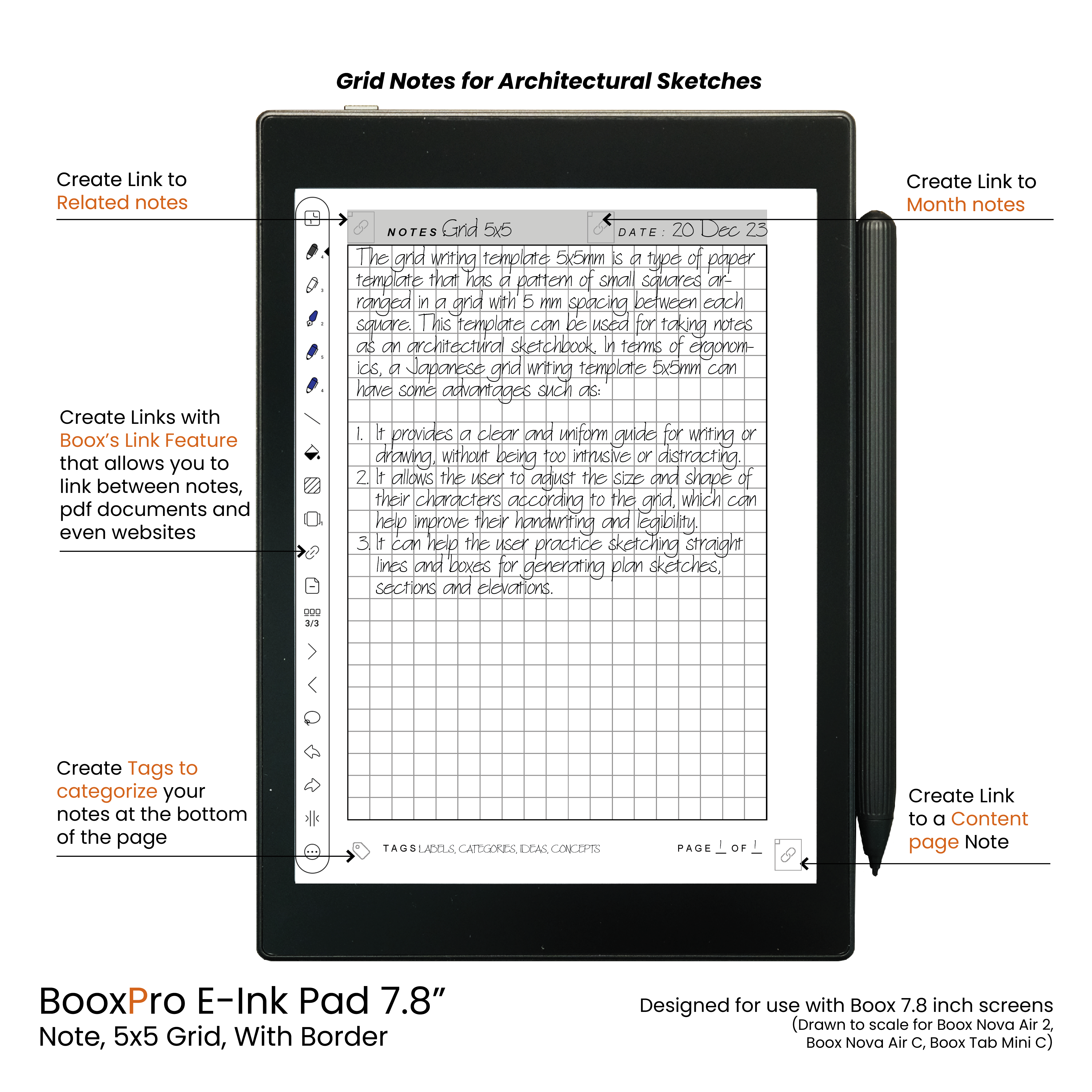 BooxPro E-Ink Pad 7.8" Note 5x5 Grid with Border