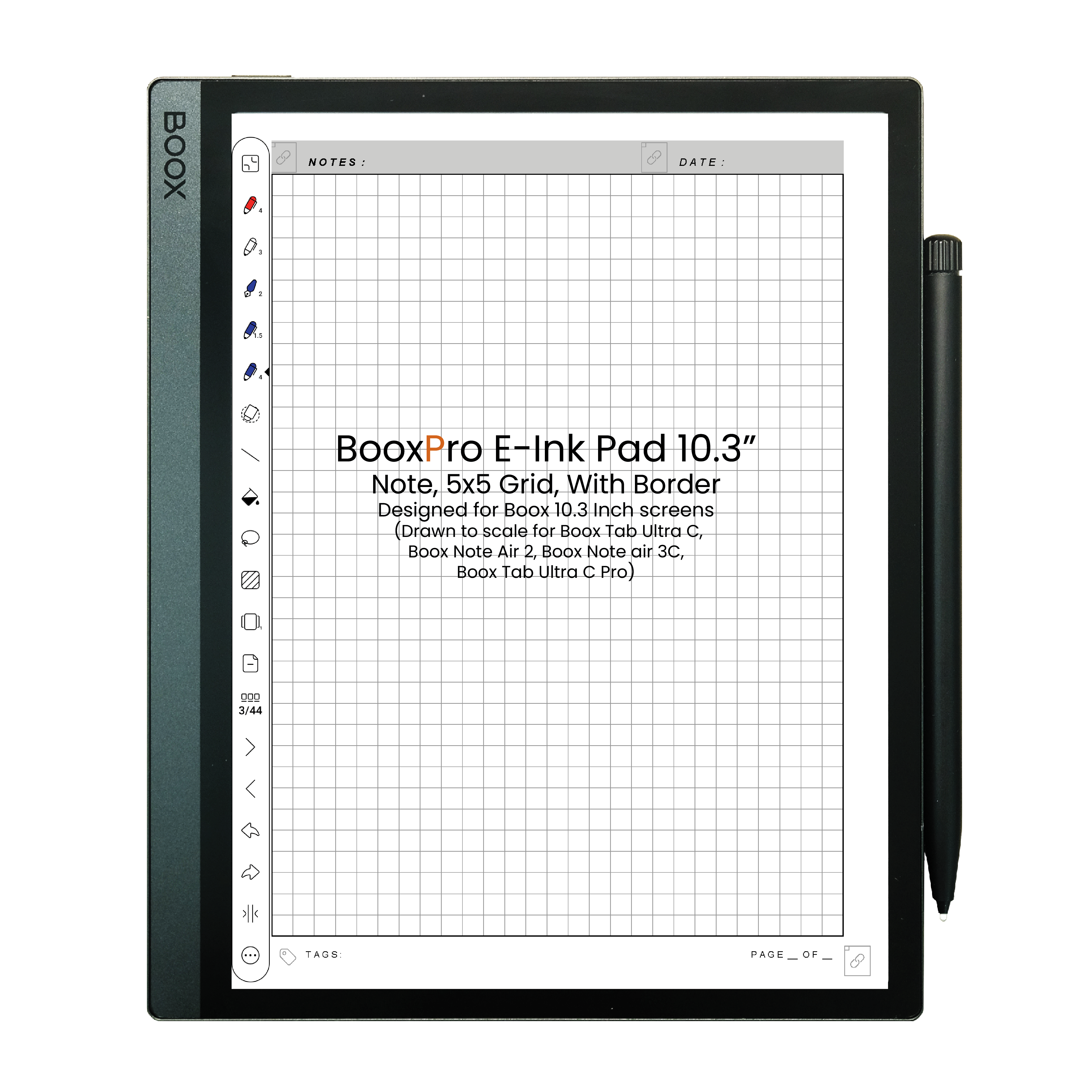 BooxPro E-Ink Pad 10.3" Note 5x5 Grid with Border