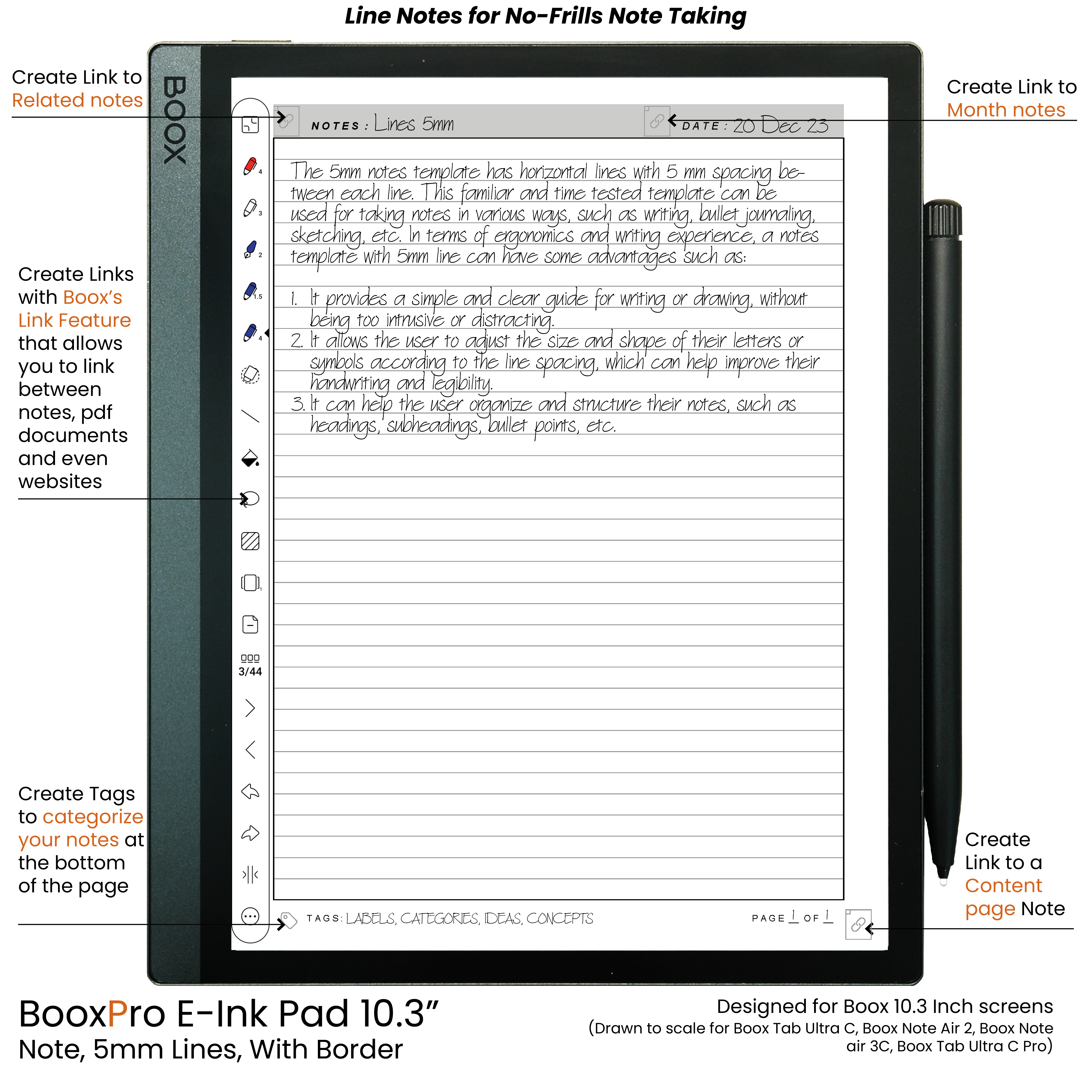 BooxPro E-Ink Pad 10.3" Note 5mm Ruled Line Border