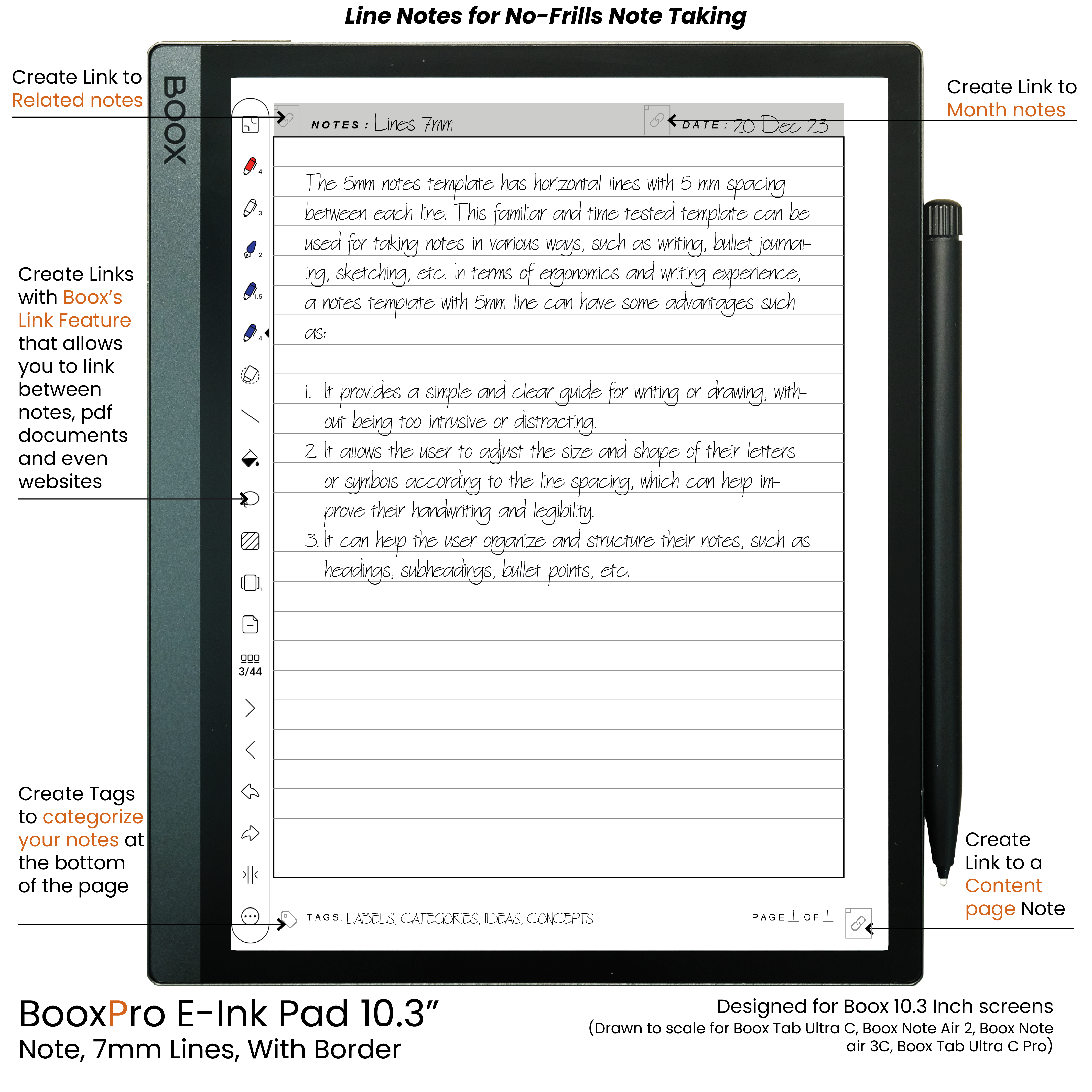 BooxPro E-Ink Pad 10.3" Note 6mm Ruled Line Border