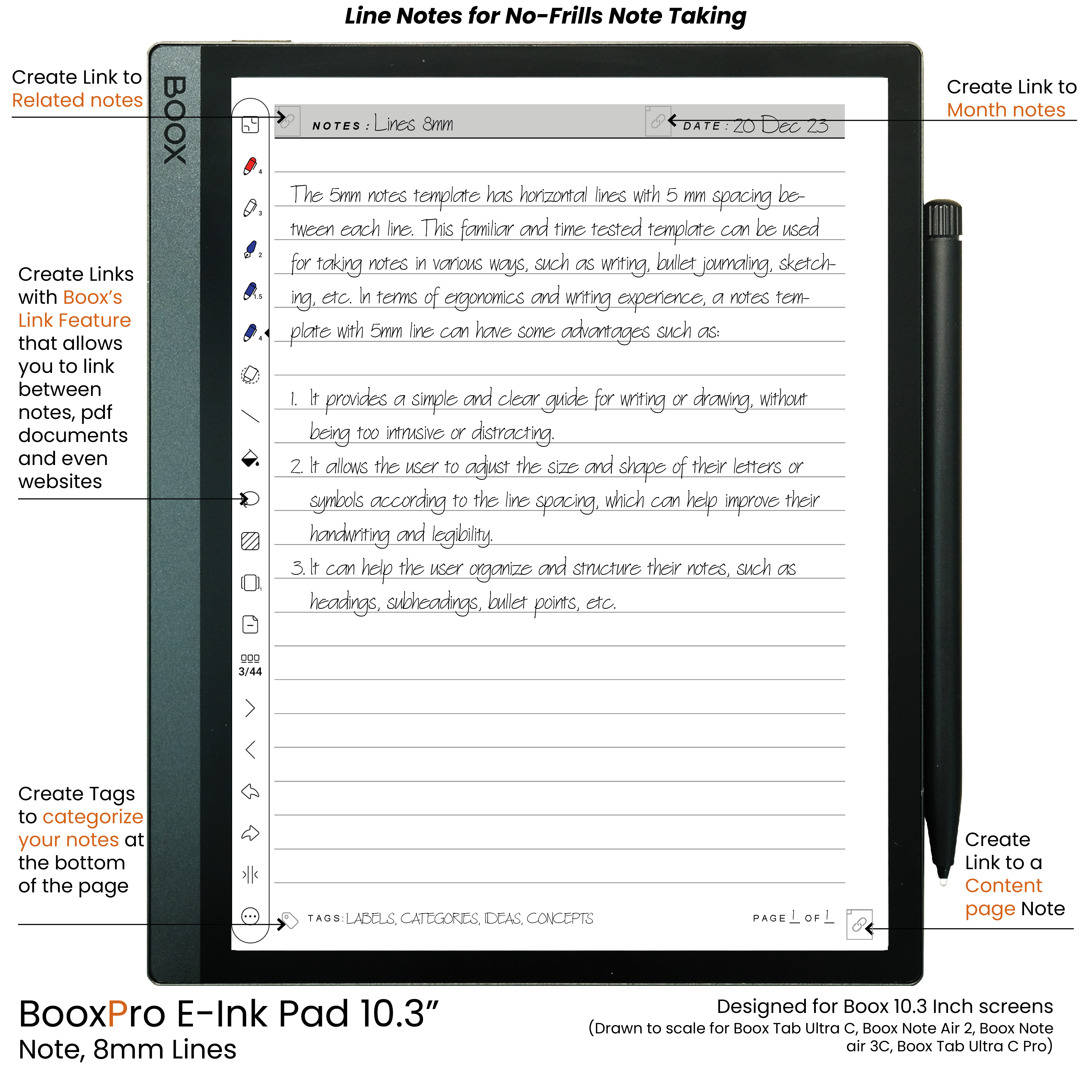 BooxPro E-Ink Pad 10.3" Note 8mm Ruled Line Standard