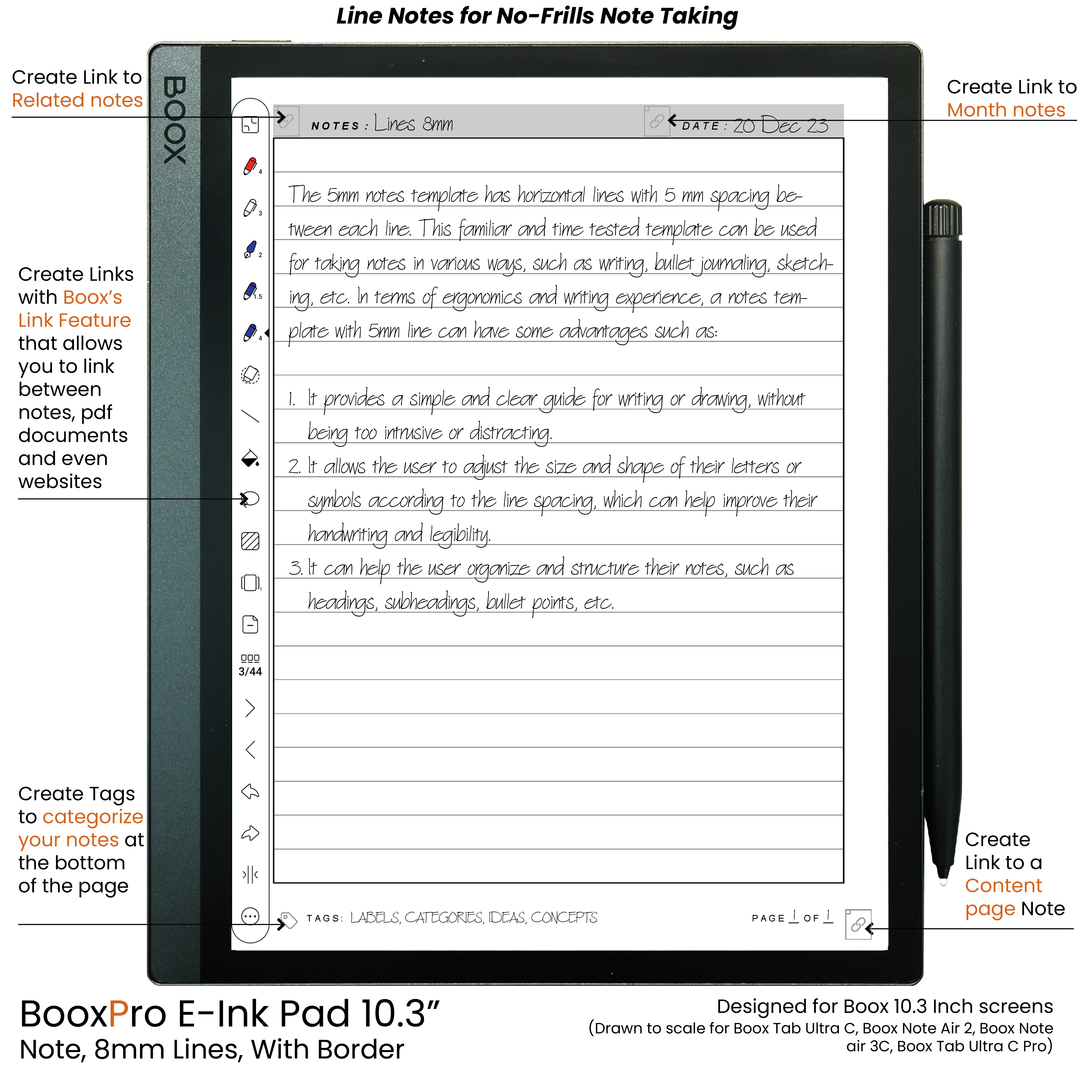 BooxPro E-Ink Pad 10.3" Note 8mm Ruled Line Border