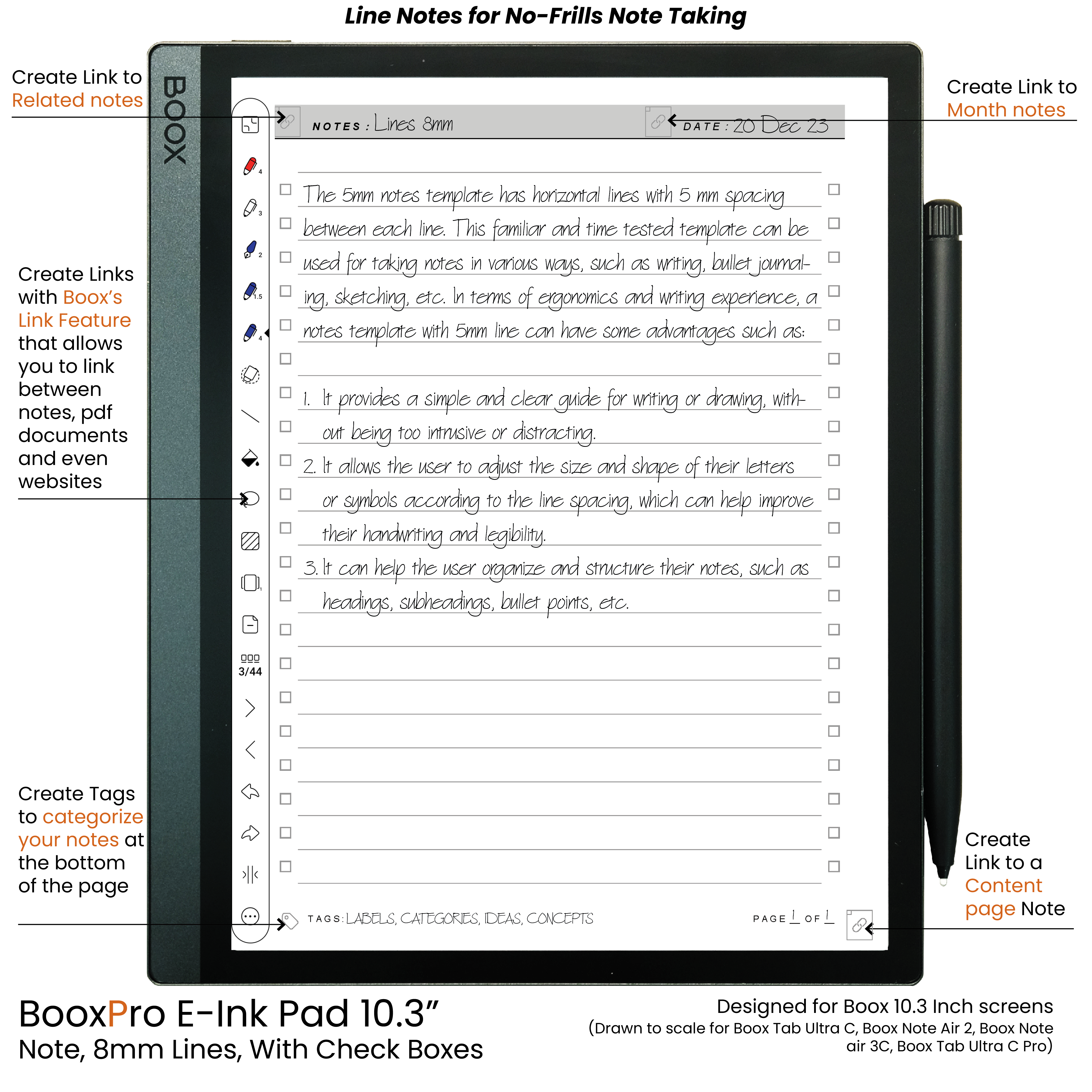 BooxPro E-Ink Pad 10.3" Note 8mm Ruled Line Check Boxes