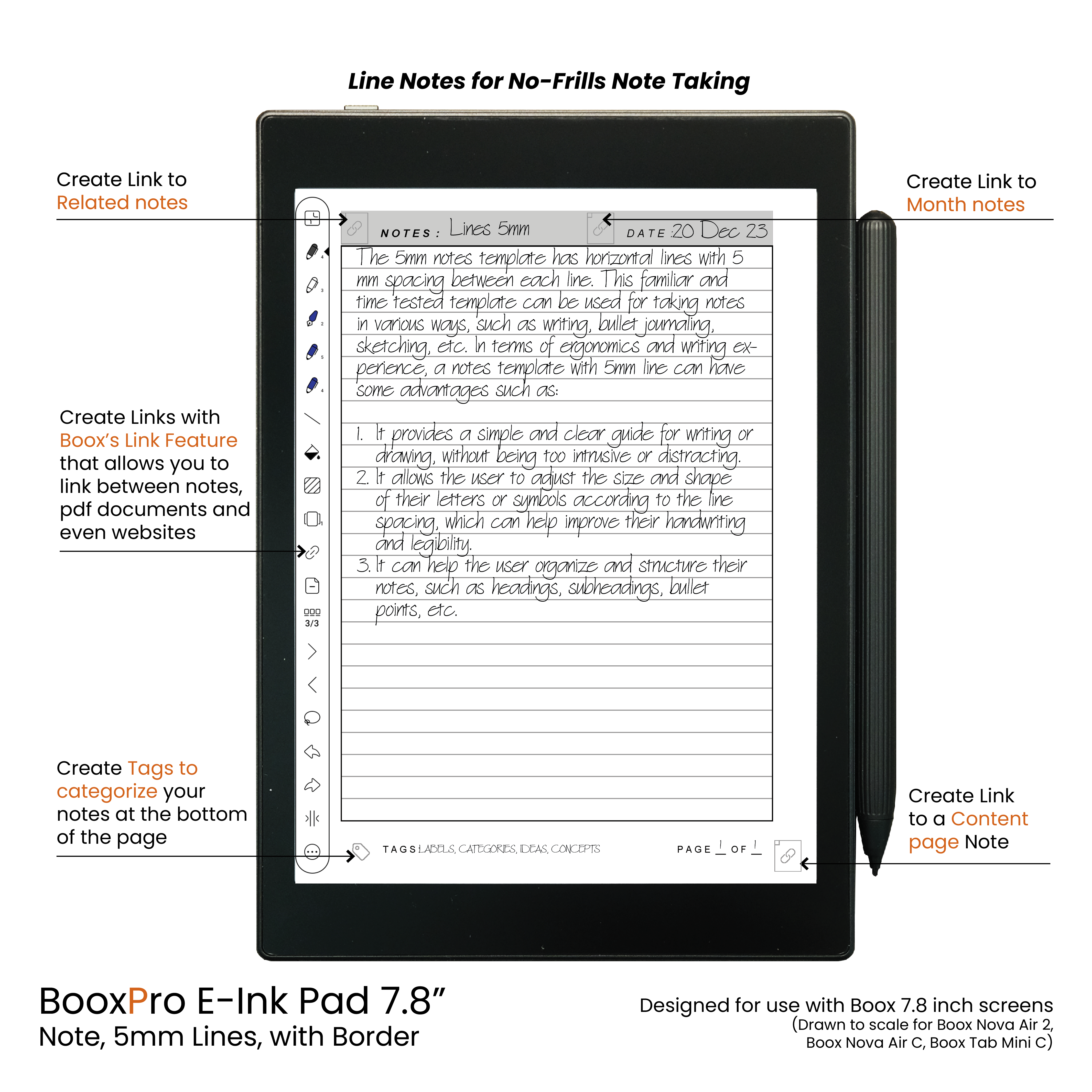 BooxPro E-Ink Pad 7.8" Note 5mm Ruled Line Border