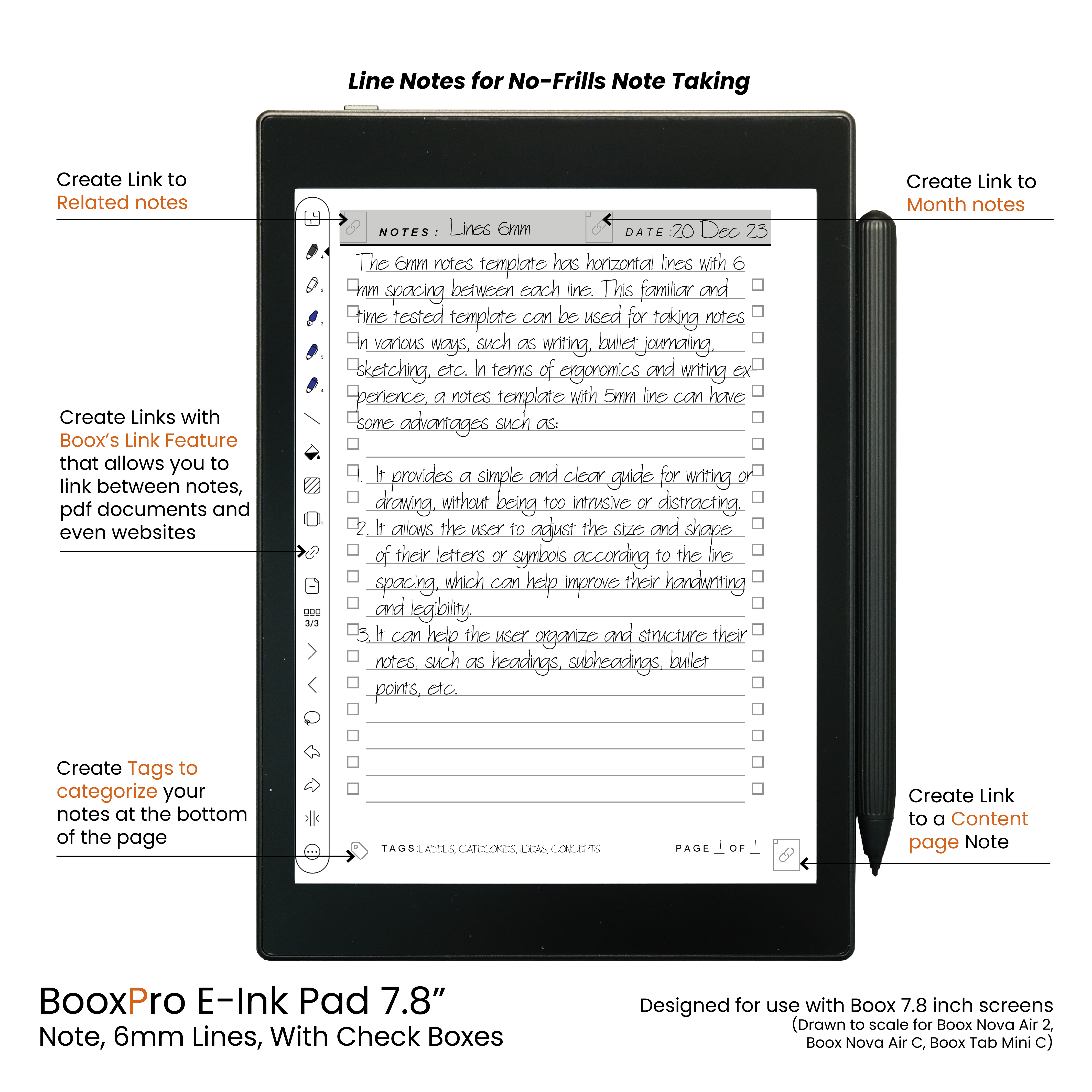 BooxPro E-ink Pad 7.8" Note 6mm Ruled Line Check Boxes