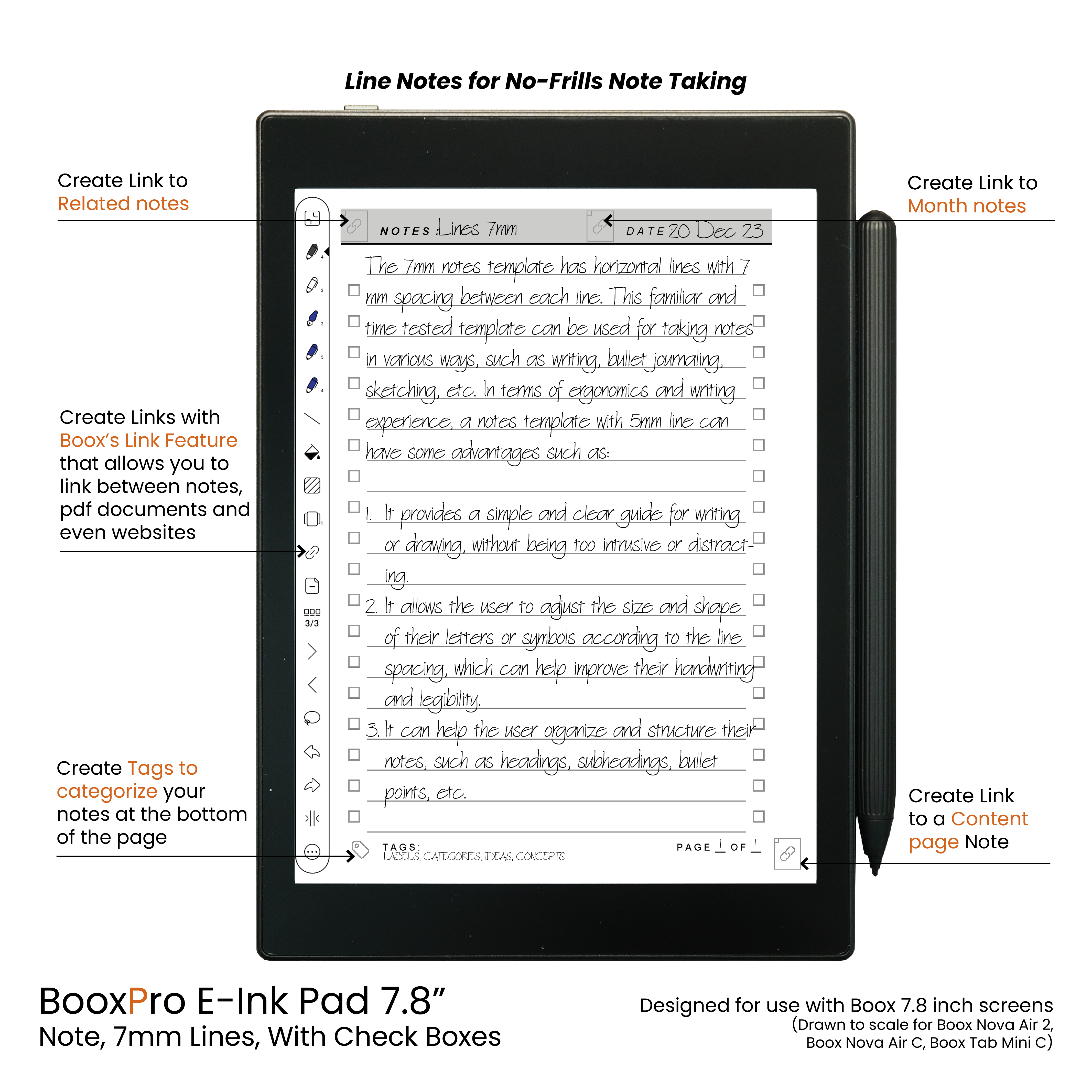 BooxPro E-ink Pad 7.8" Note 7mm Ruled Line Check Boxes