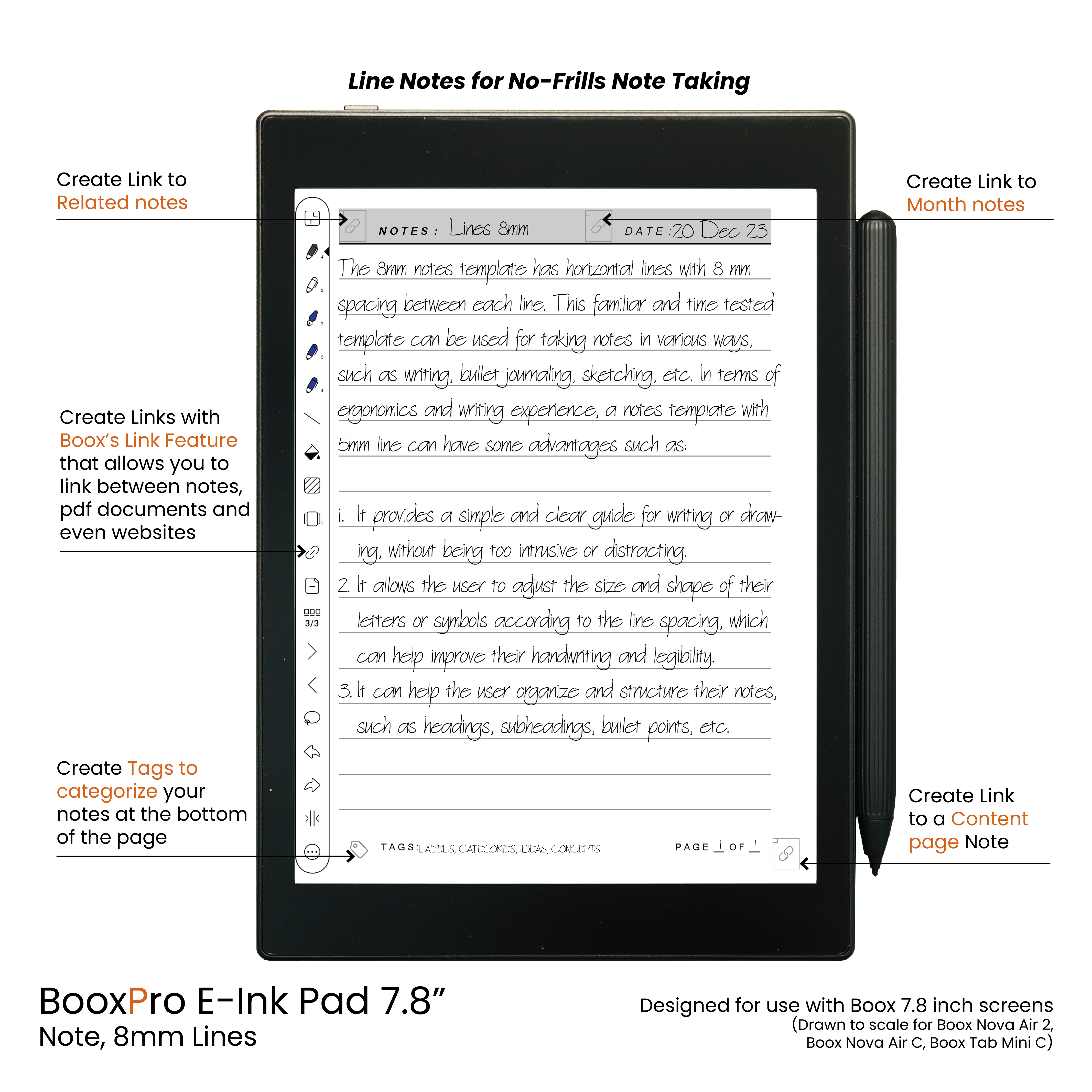 BooxPro E-ink Pad 7.8" Note 8mm Ruled Line Standard