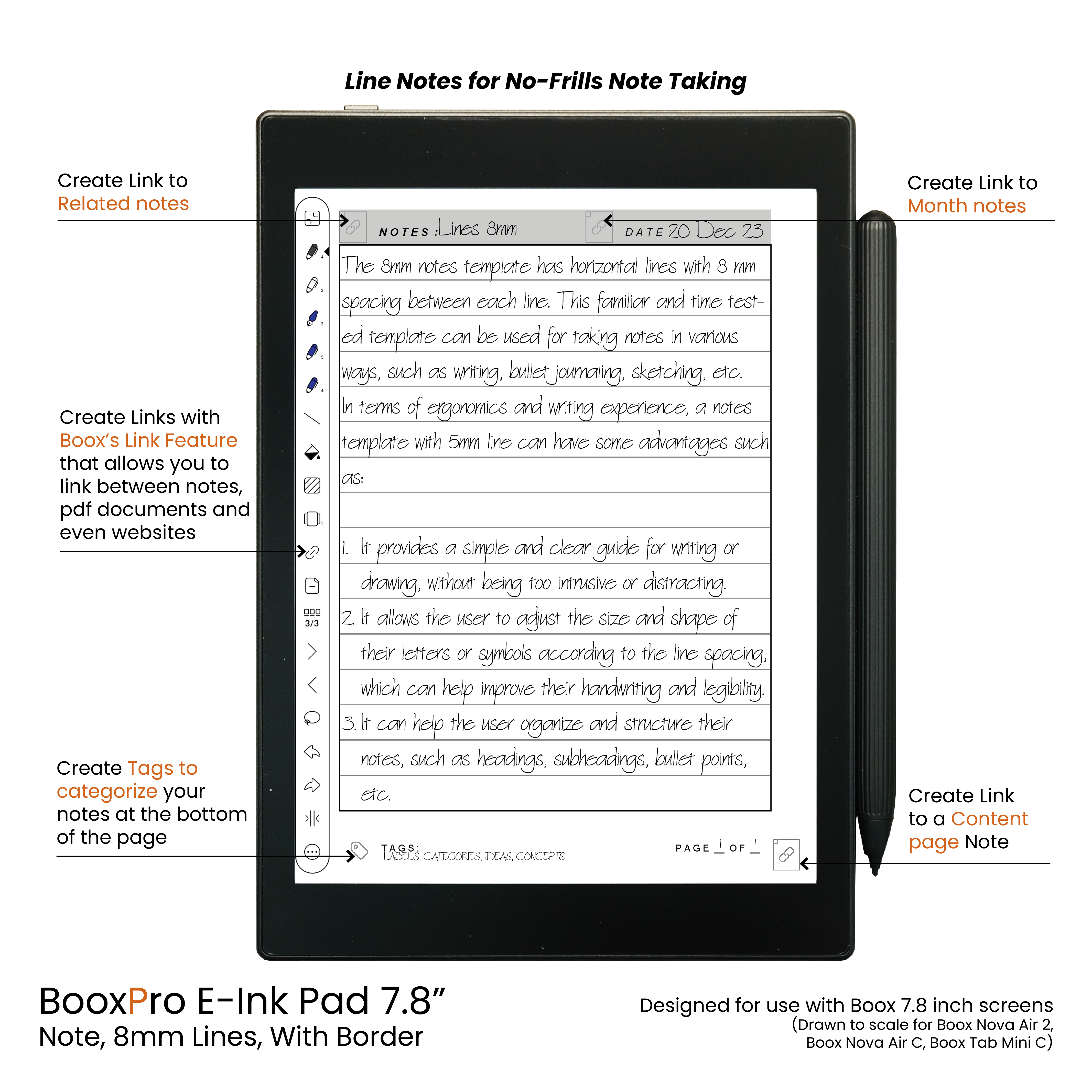 BooxPro E-ink Pad 7.8" Note 8mm Ruled Line Border