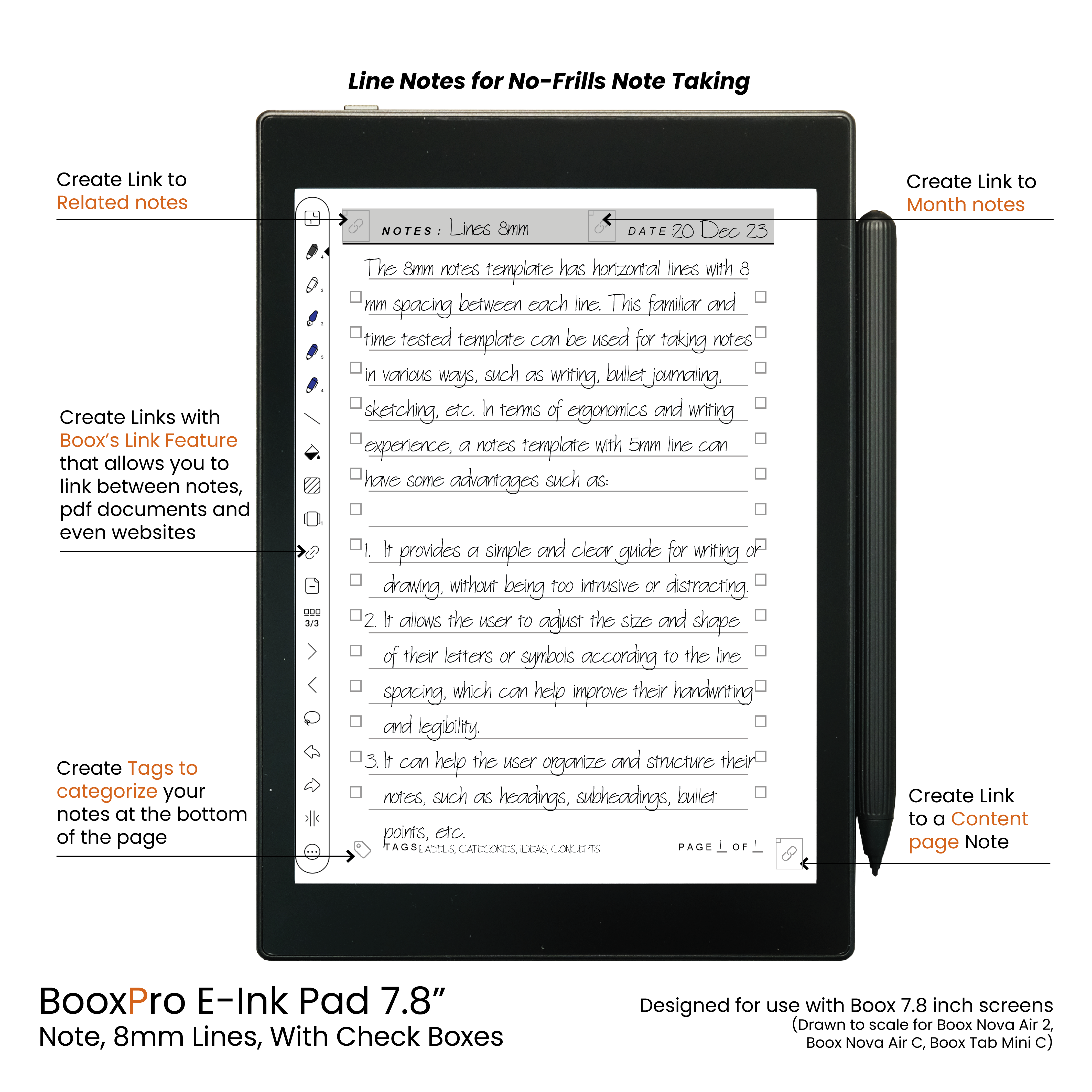 BooxPro E-ink Pad 7.8" Note 8mm Ruled Line Check Boxes