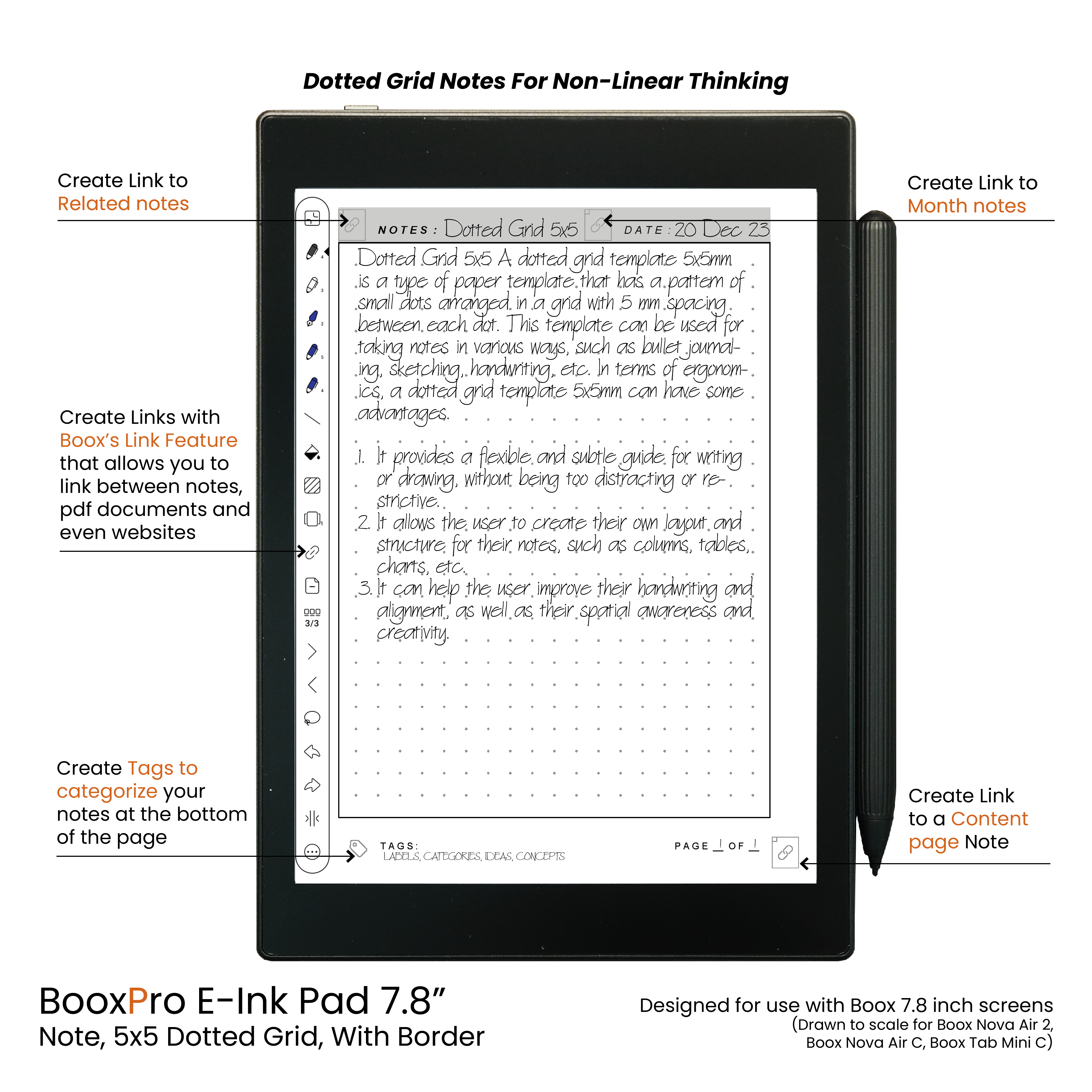 BooxPro E-Ink Pad 7.8" Note 5x5 Dotted Grid with Border
