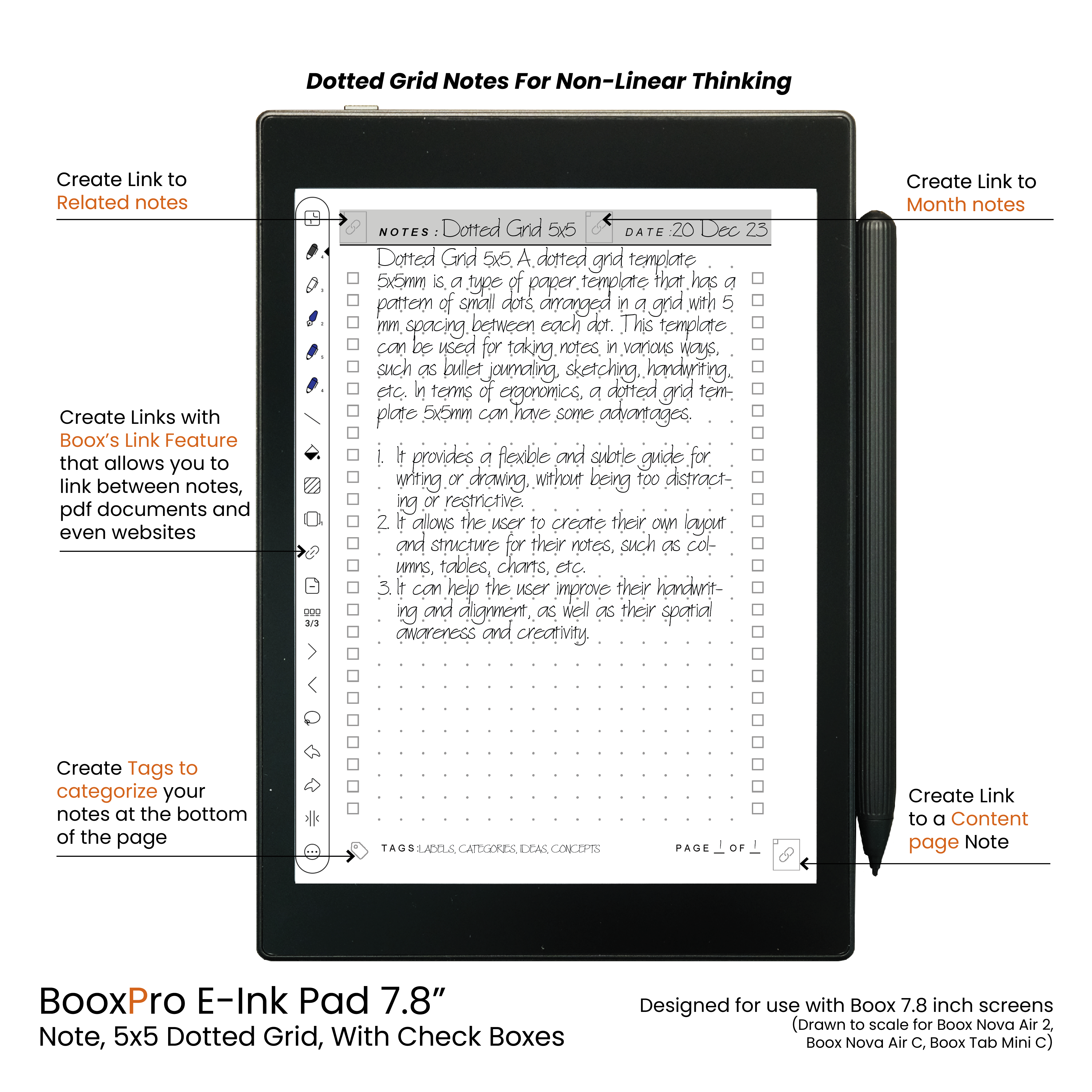 BooxPro E-Ink Pad 7.8" Note 5x5 Dotted Grid with Check Boxes