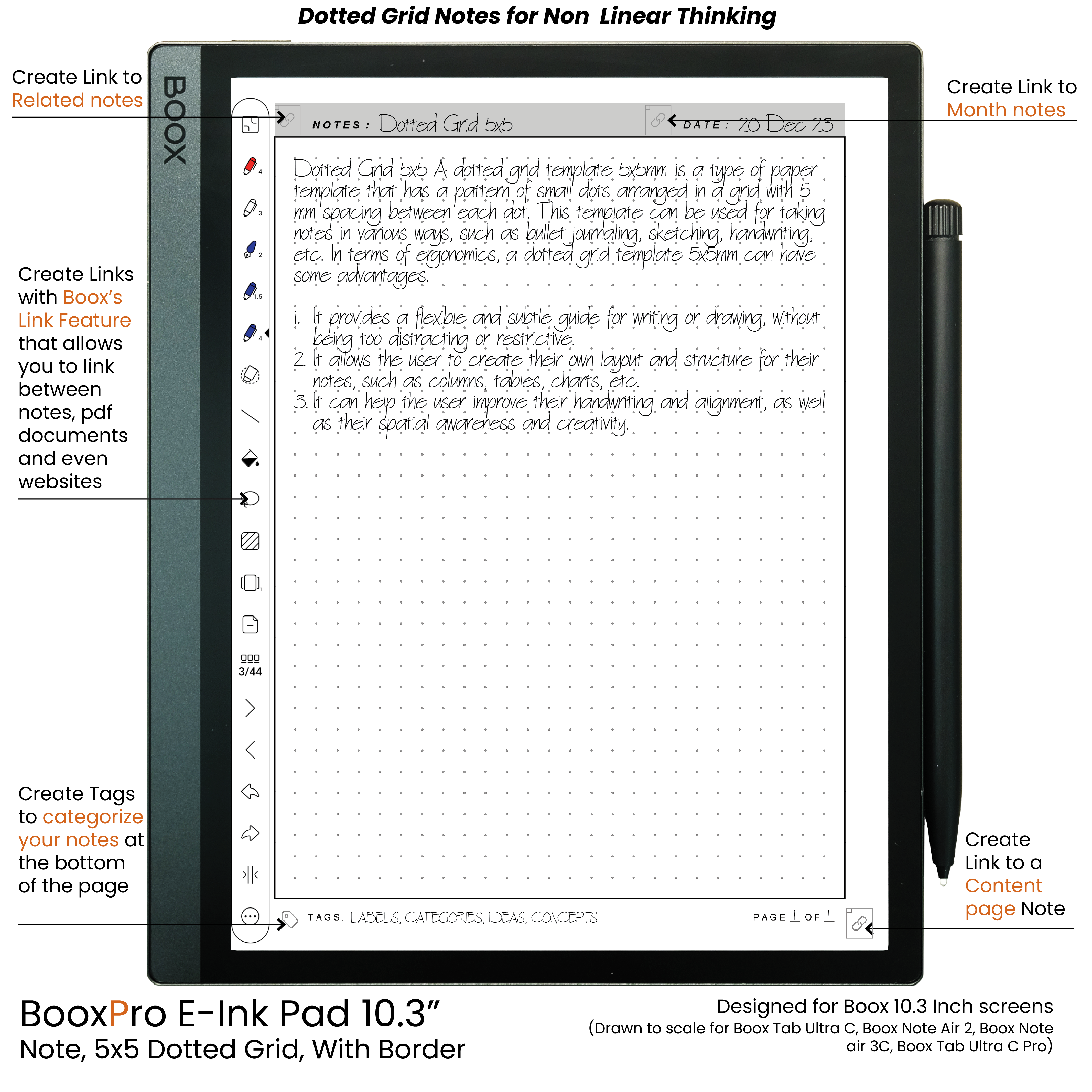 BooxPro E-Ink Pad 10.3" Note 5x5 Dotted Grid with Border