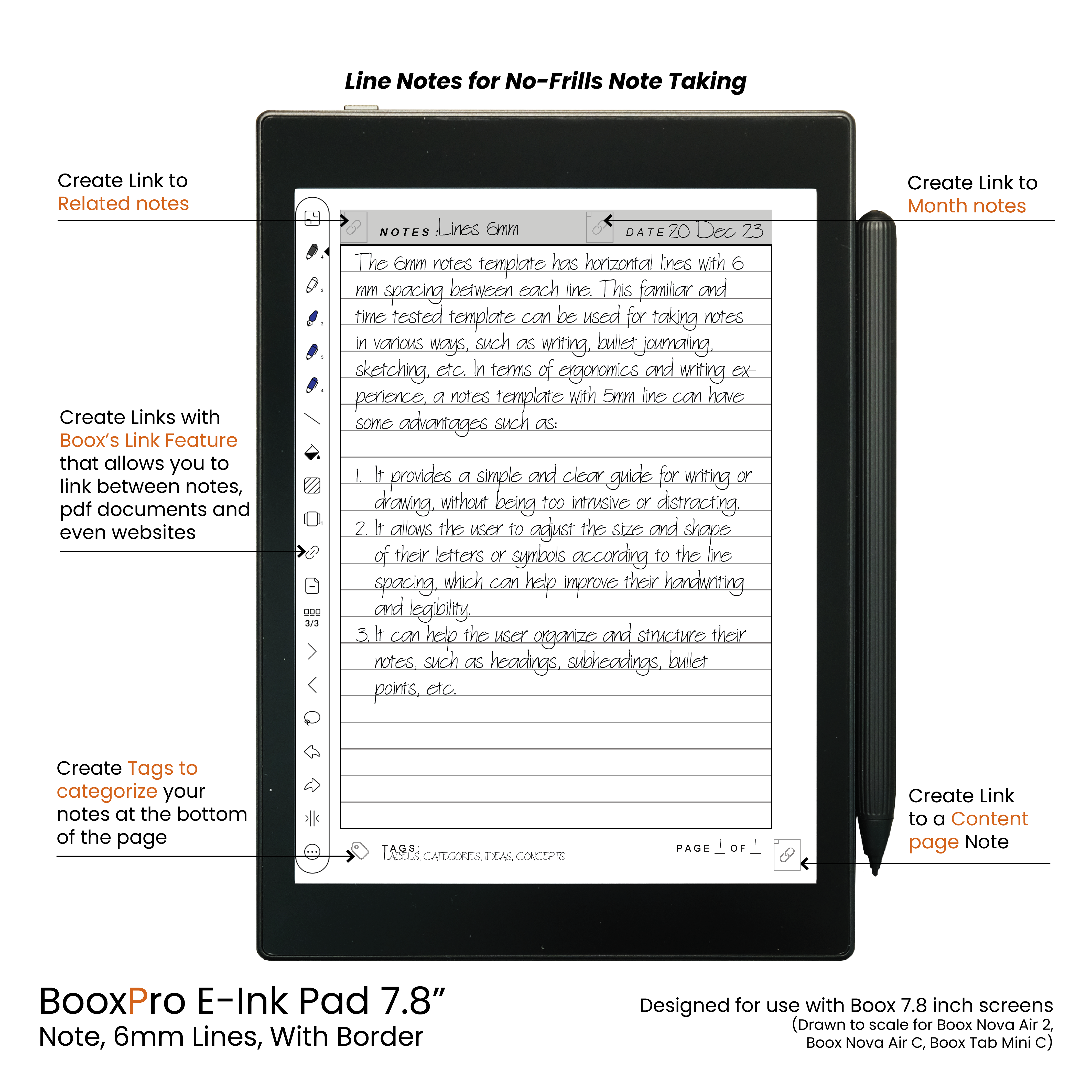 BooxPro E-ink Pad 7.8" Note 6mm Ruled Line Border
