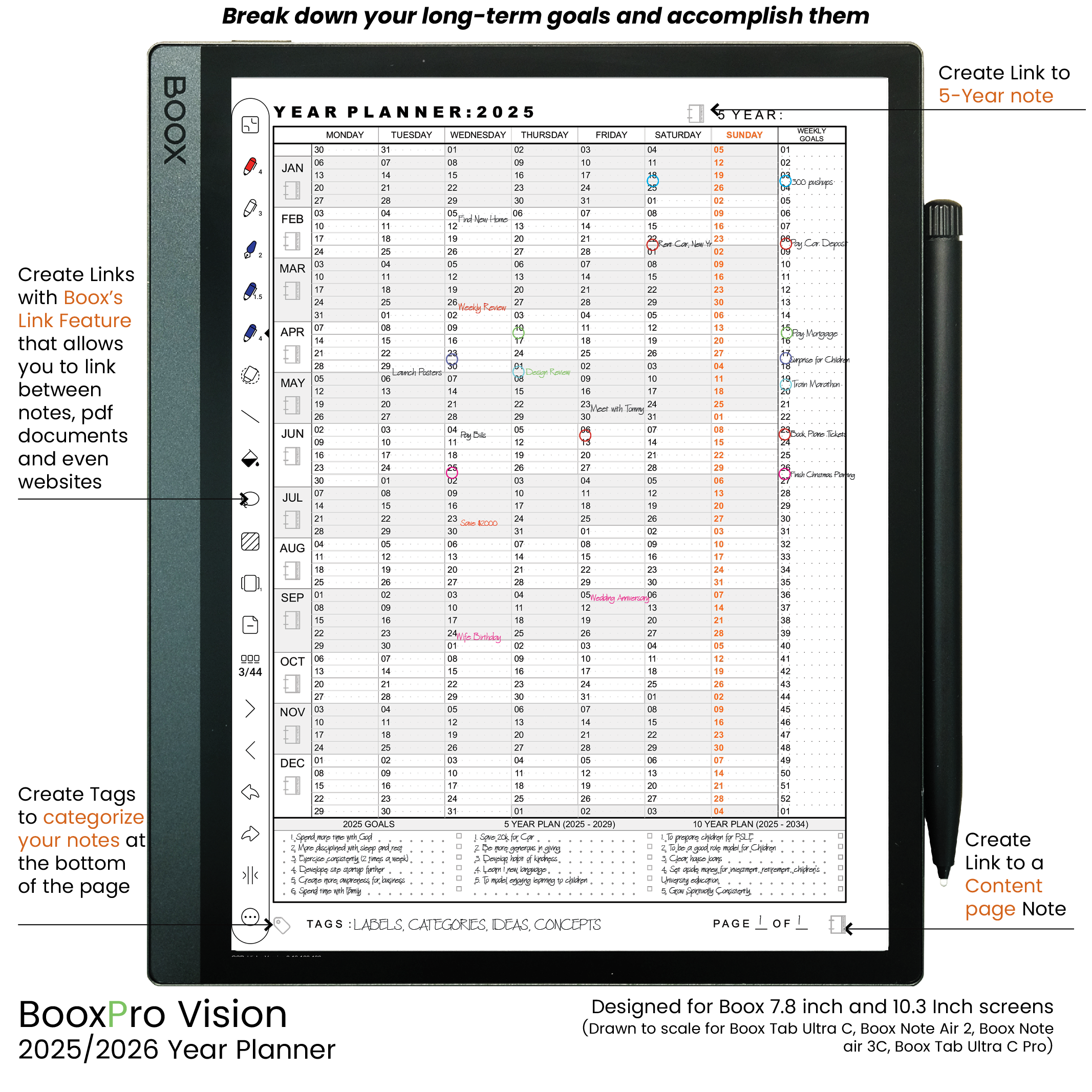 BooxPro Vision 10.3", 7.8" 2025 Year Planner