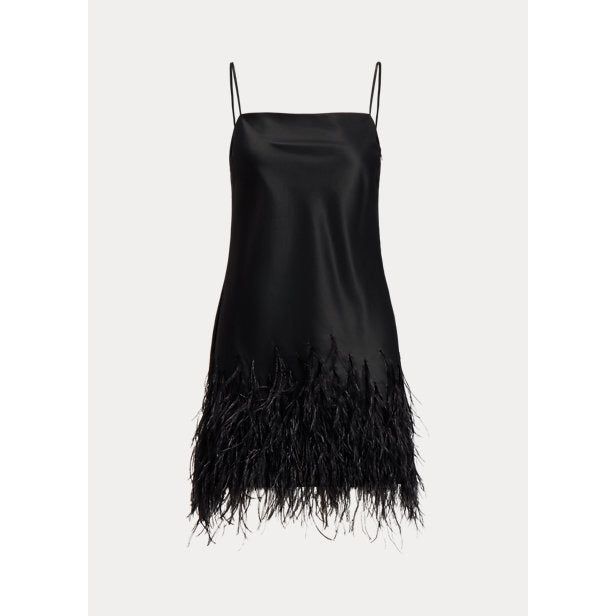 POLO RALPH LAUREN – robe de COCKTAIL en SATIN garniture en plumes d'autruche