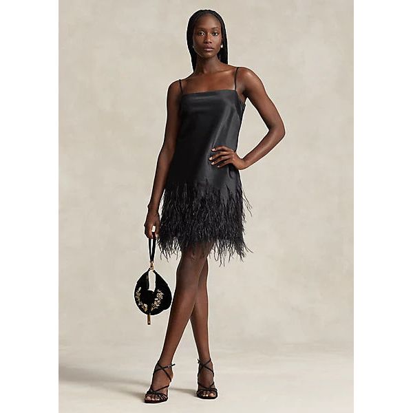 POLO RALPH LAUREN – robe de COCKTAIL en SATIN garniture en plumes d'autruche